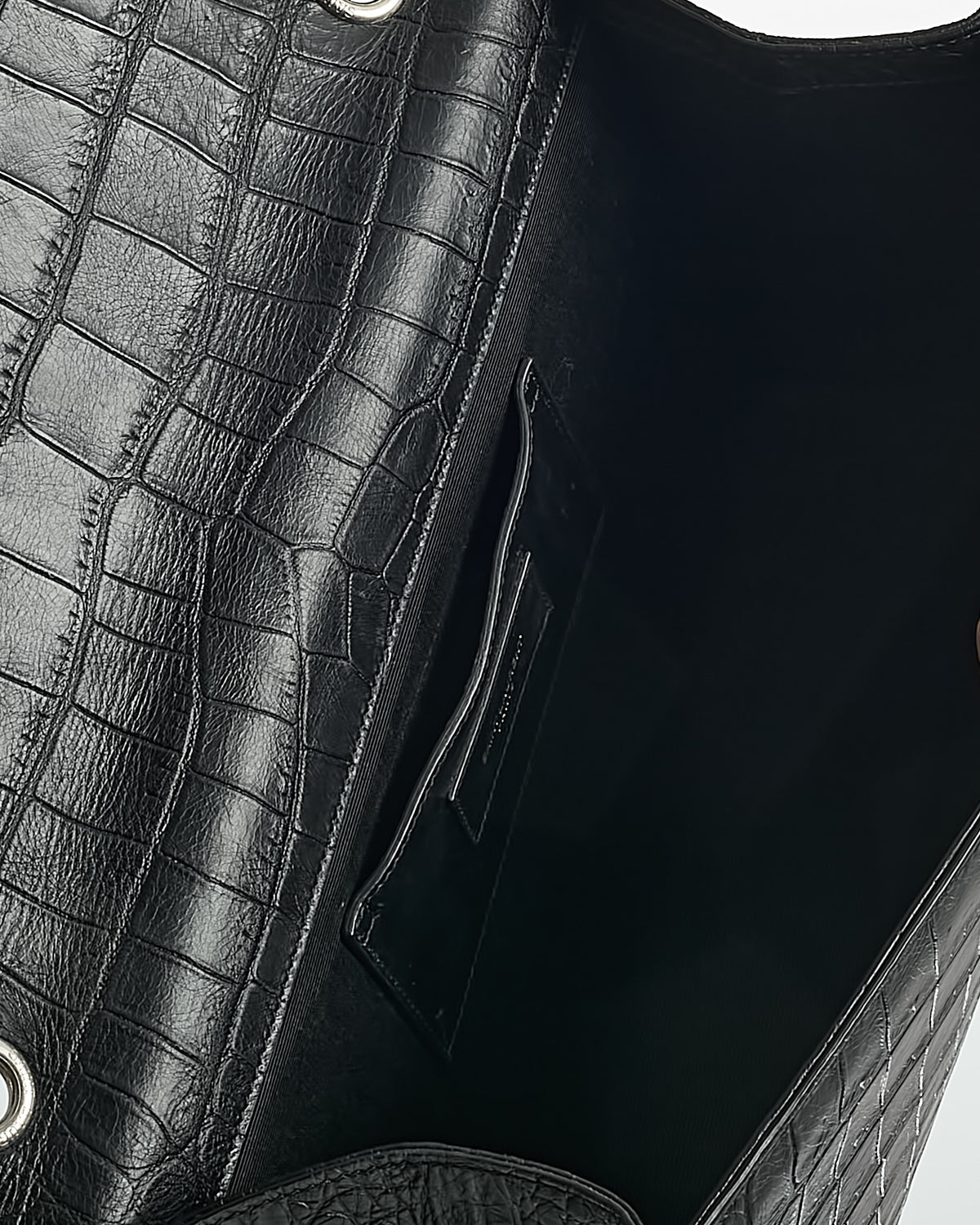 Saint Laurent Black Croc Embossed Leather SHW YSL Large Kate Chain Shoulder Bag