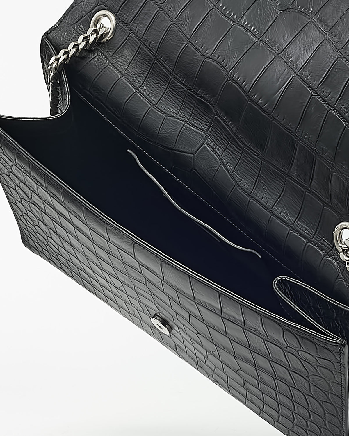 Saint Laurent Black Croc Embossed Leather SHW YSL Large Kate Chain Shoulder Bag