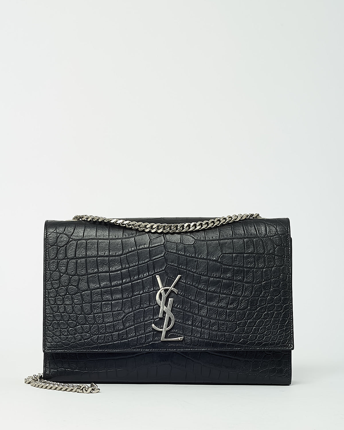 Saint Laurent Black Croc Embossed Leather SHW YSL Large Kate Chain Shoulder Bag