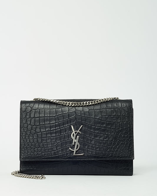 Saint Laurent Black Croc Embossed Leather SHW YSL Large Kate Chain Shoulder Bag