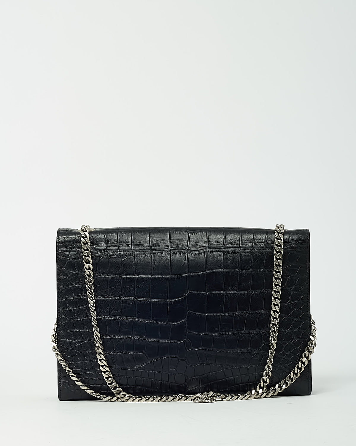 Saint Laurent Black Croc Embossed Leather SHW YSL Large Kate Chain Shoulder Bag