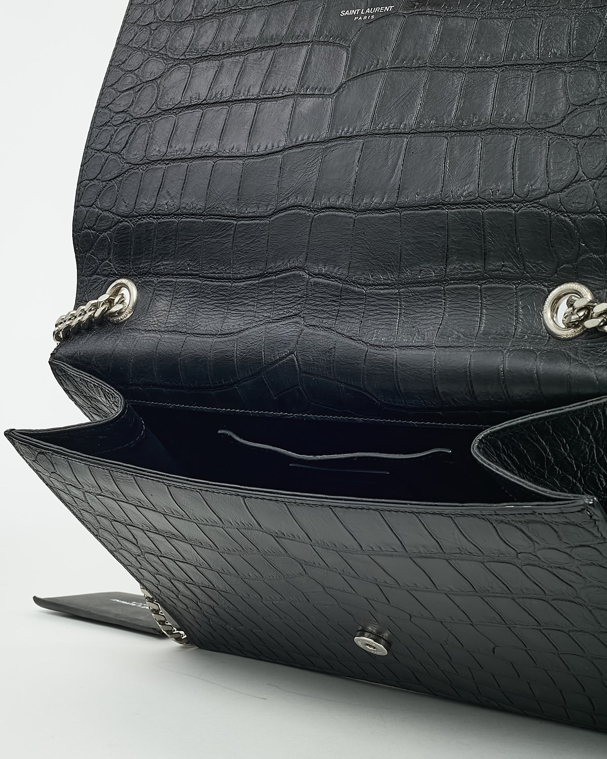 Saint Laurent Black Croc Embossed Leather SHW YSL Large Kate Chain Shoulder Bag