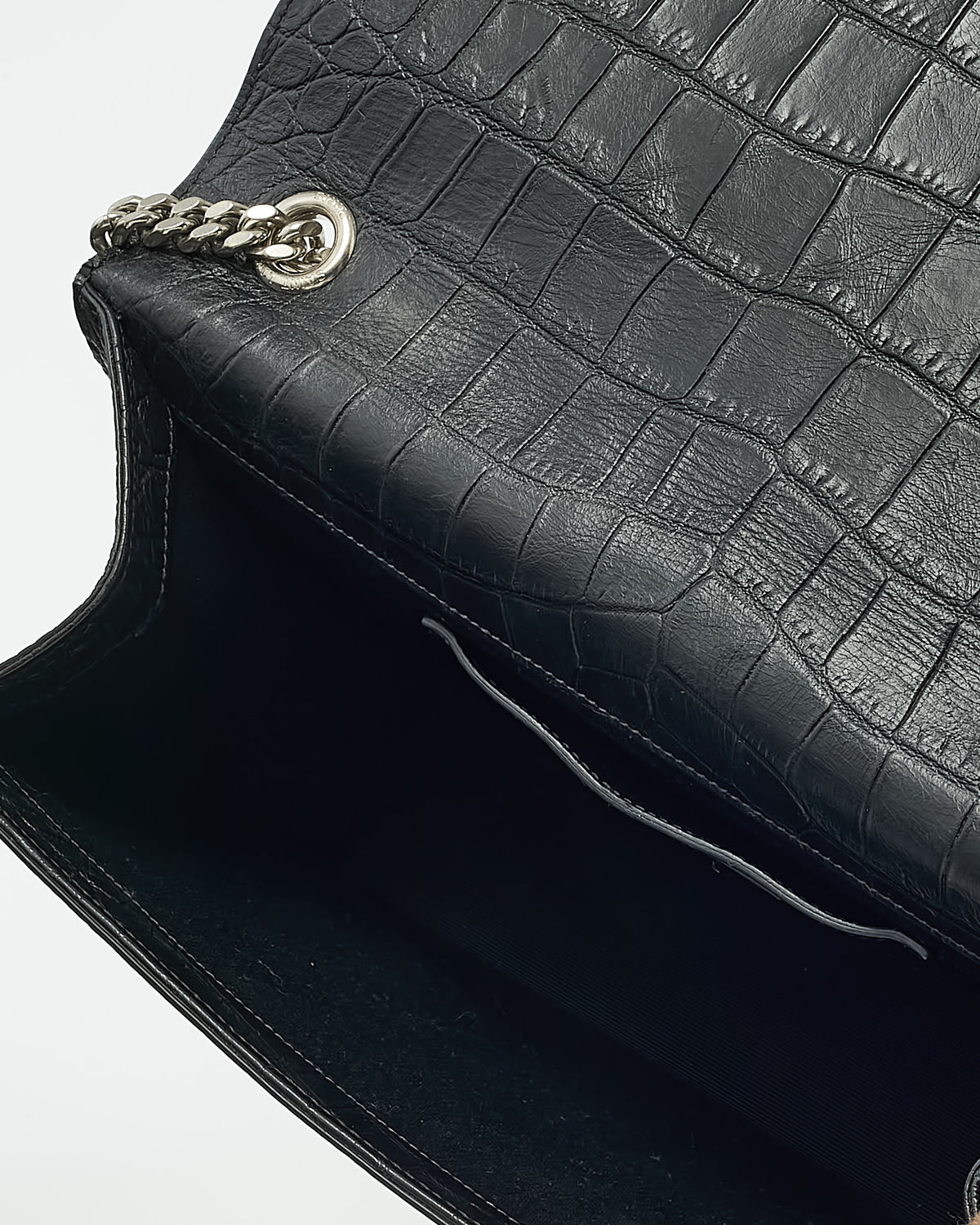 Saint Laurent Black Croc Embossed Leather SHW YSL Large Kate Chain Shoulder Bag