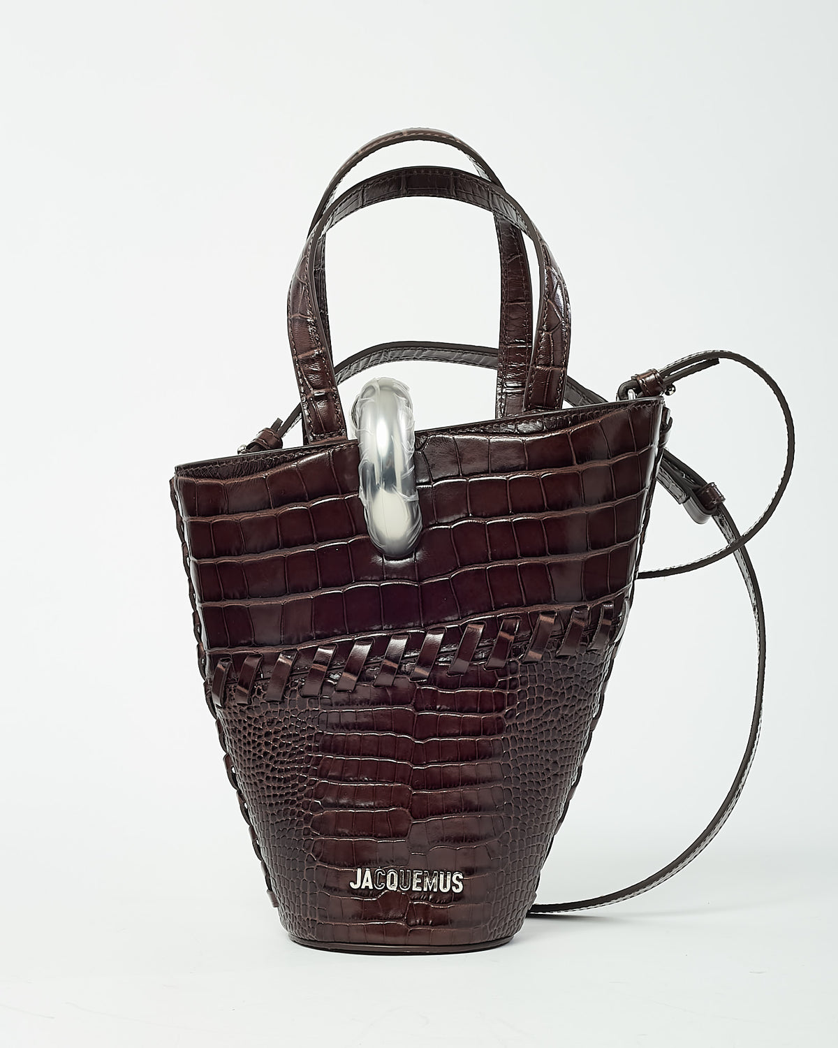 Jacquemus Brown Croc Embossed Leather Le Petit Bambola Bucket Bag with Strap