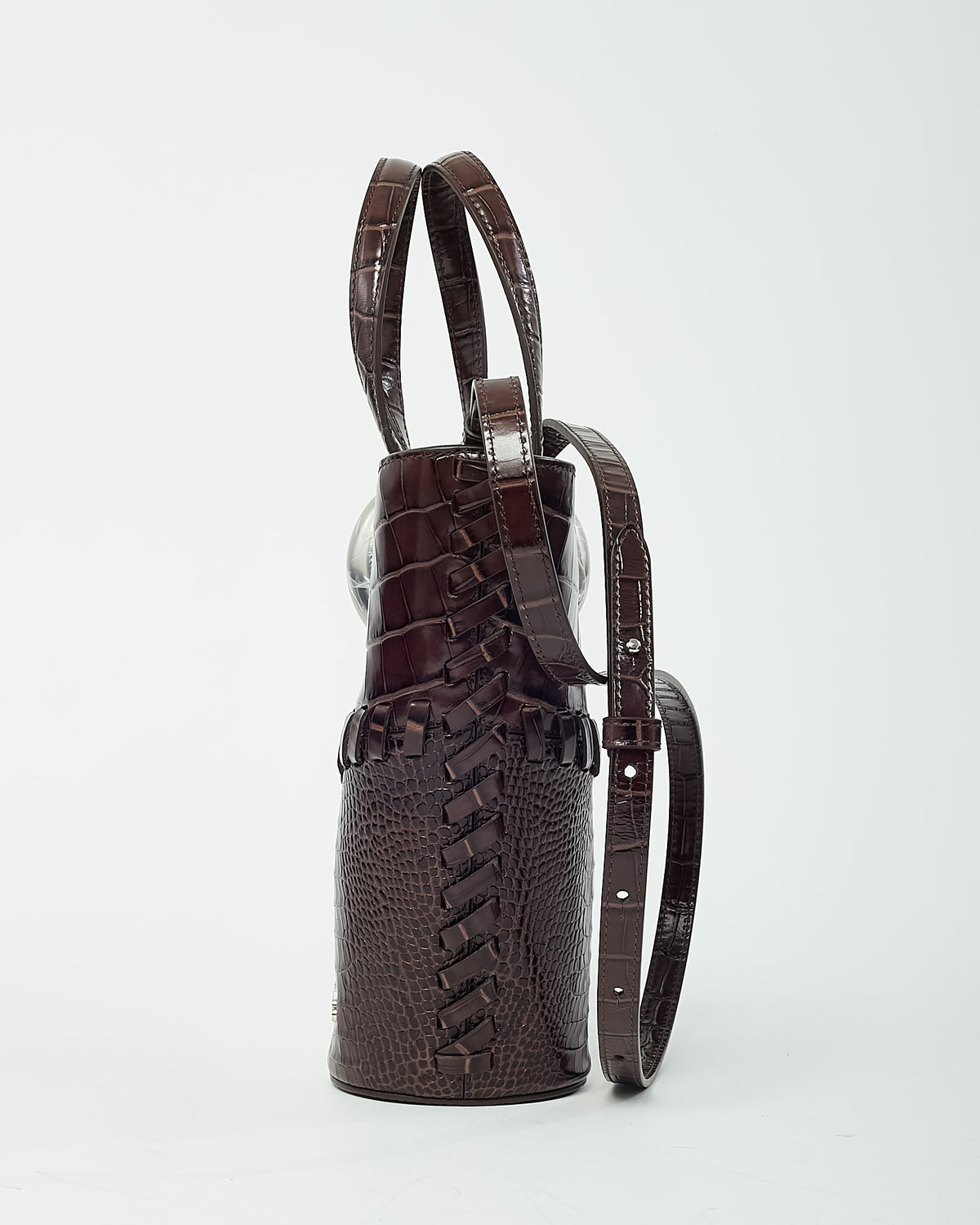 Jacquemus Brown Croc Embossed Leather Le Petit Bambola Bucket Bag with Strap