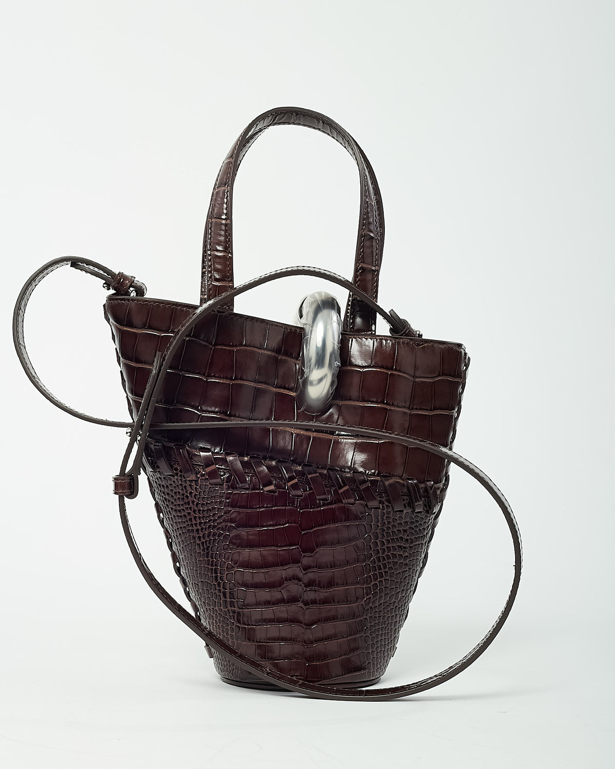 Jacquemus Brown Croc Embossed Leather Le Petit Bambola Bucket Bag with Strap