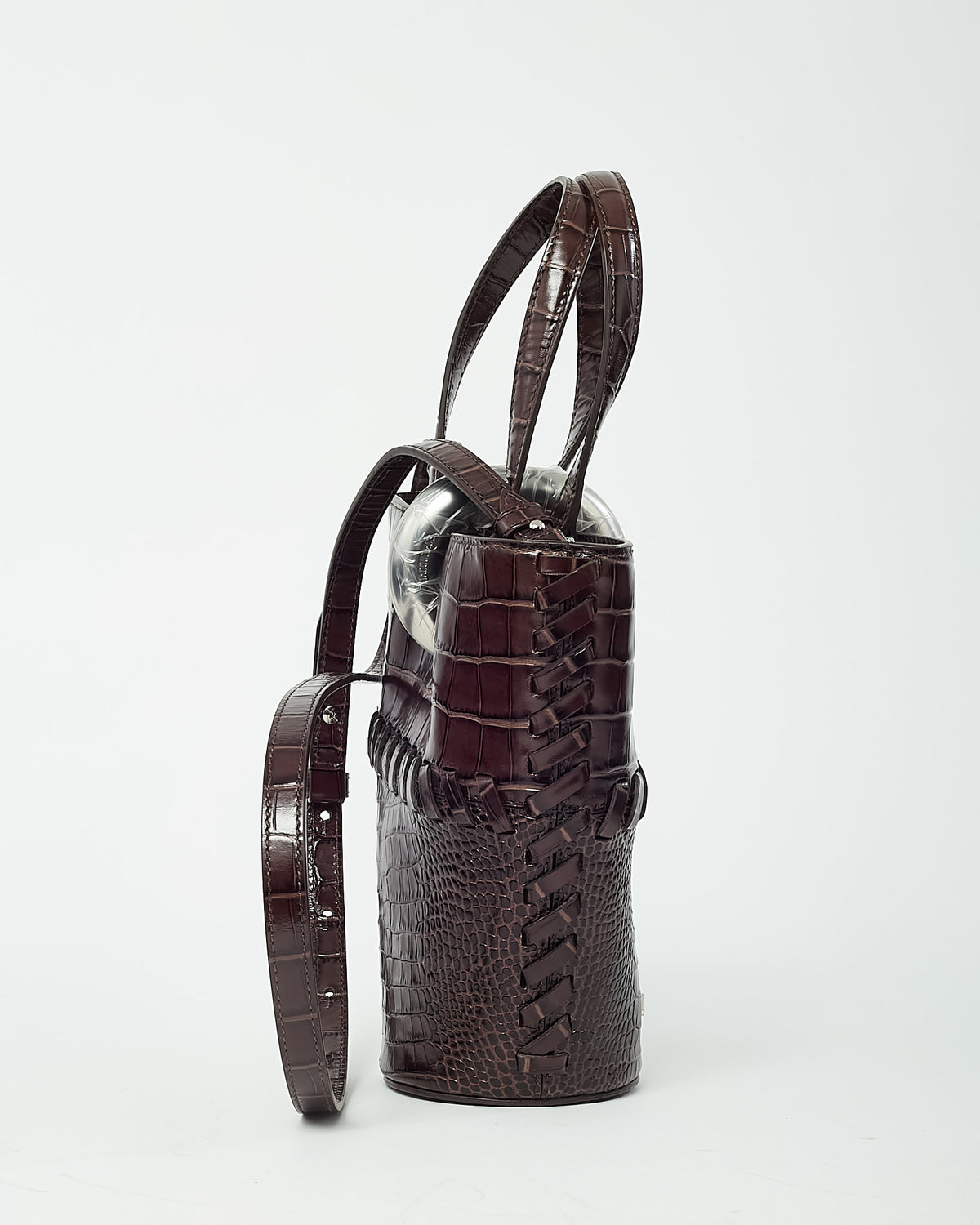 Jacquemus Brown Croc Embossed Leather Le Petit Bambola Bucket Bag with Strap