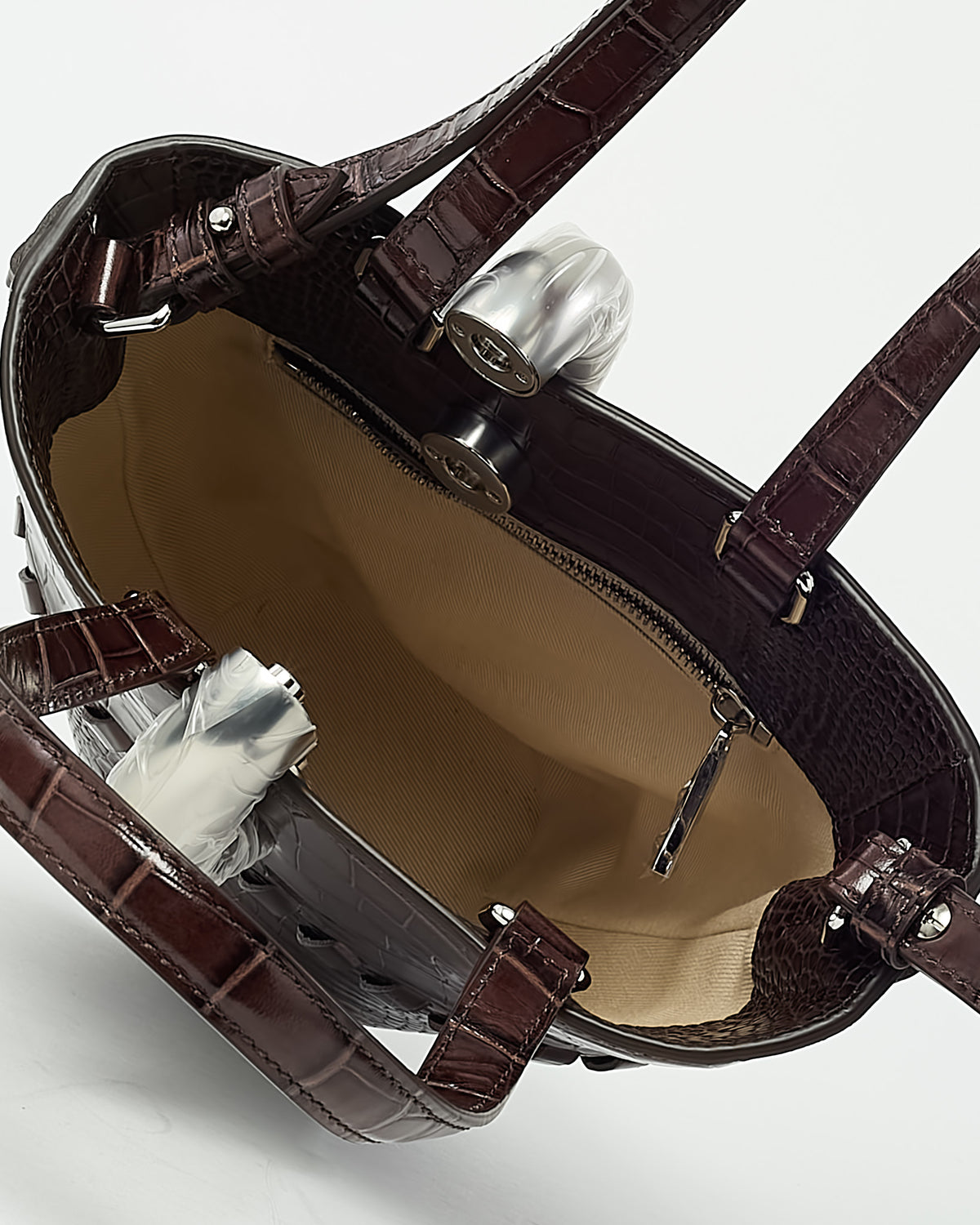 Jacquemus Brown Croc Embossed Leather Le Petit Bambola Bucket Bag with Strap