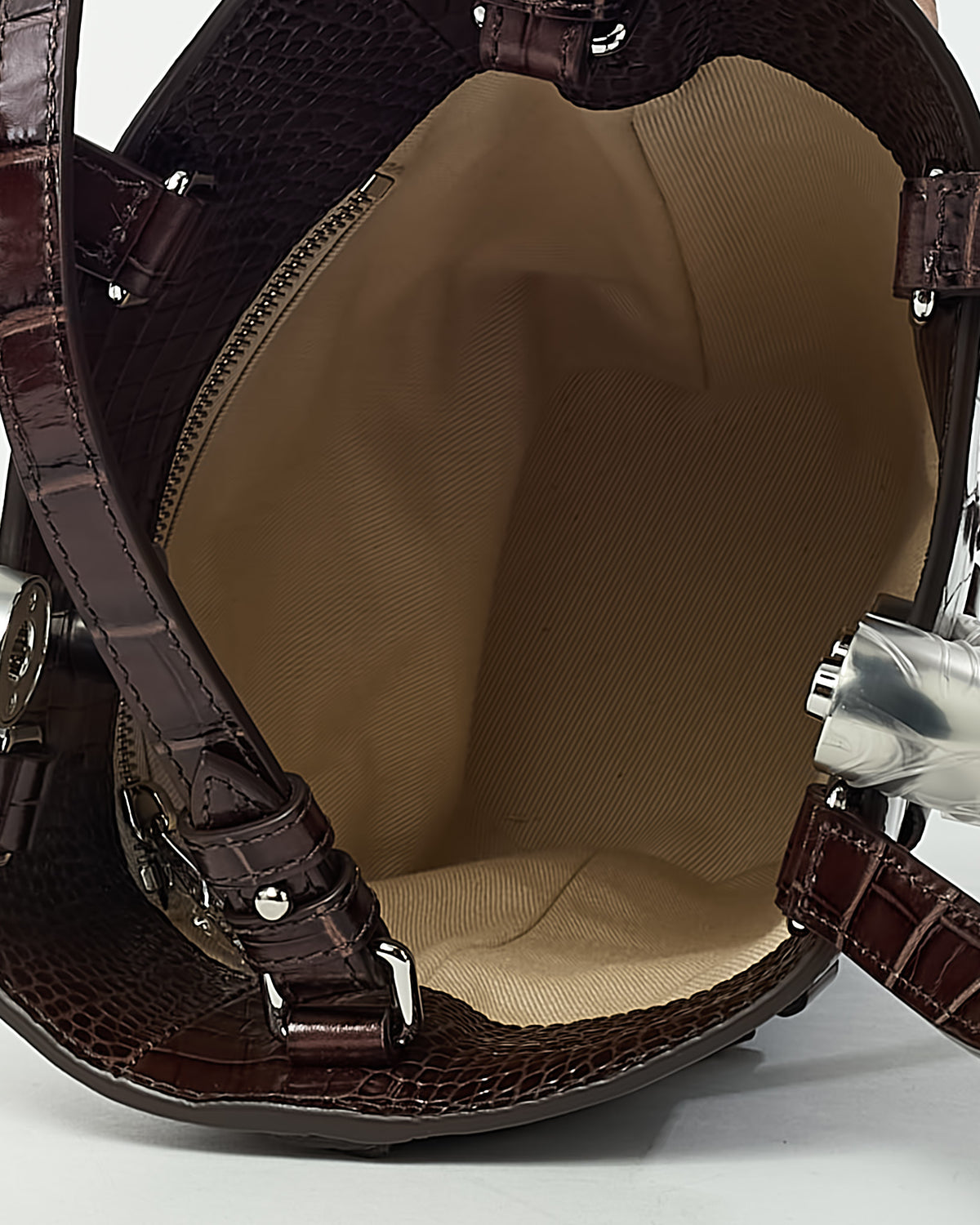 Jacquemus Brown Croc Embossed Leather Le Petit Bambola Bucket Bag with Strap