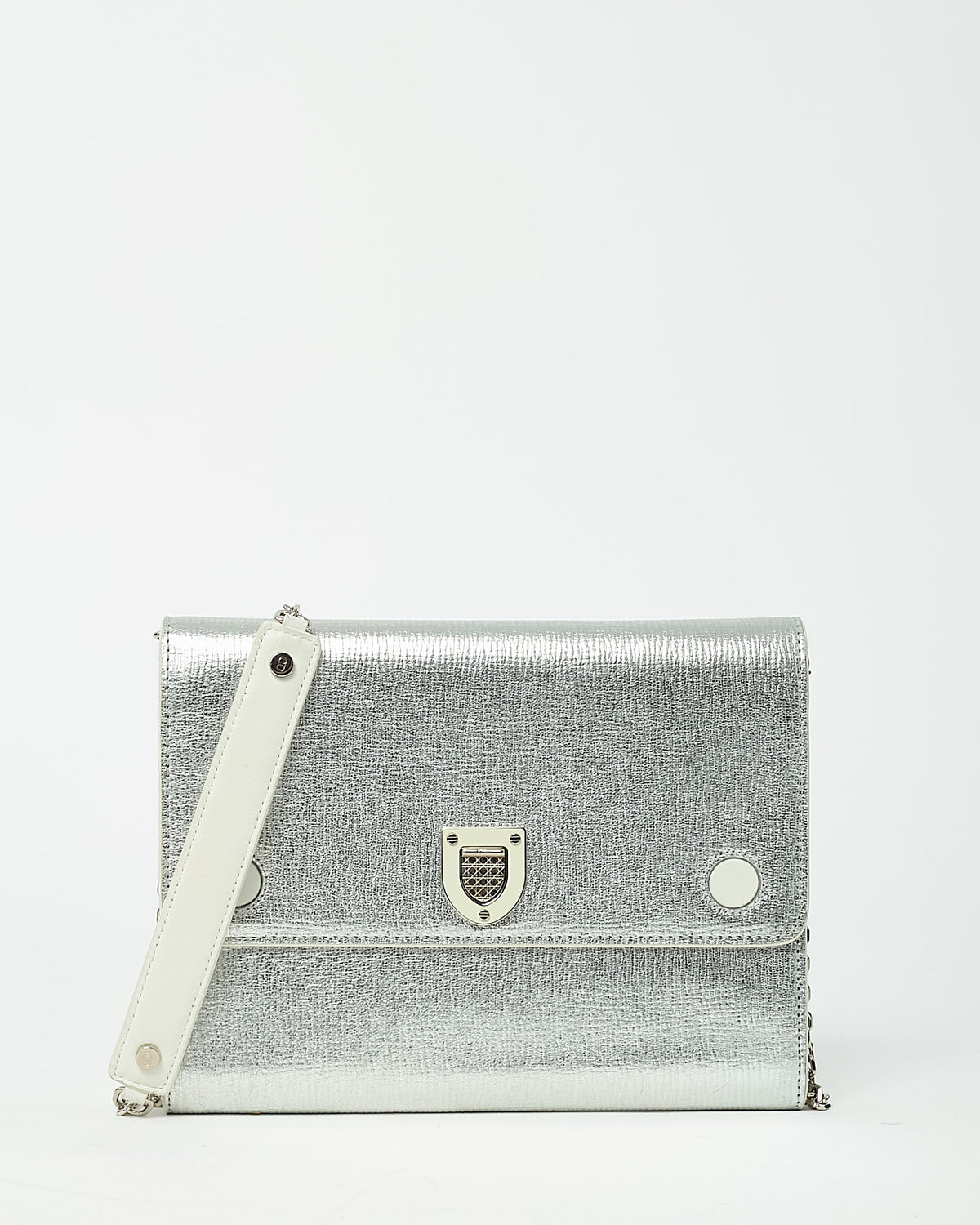 Dior Metallic Silver Leather Diorever Chain Clutch WOC Crossbody Bag