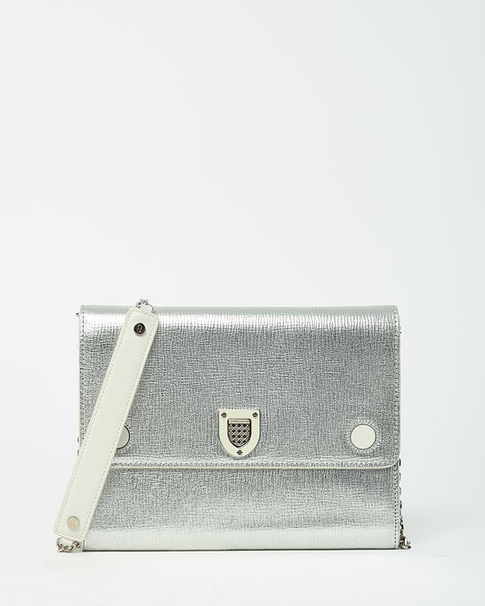 Dior Metallic Silver Leather Diorever Chain Clutch WOC Crossbody Bag
