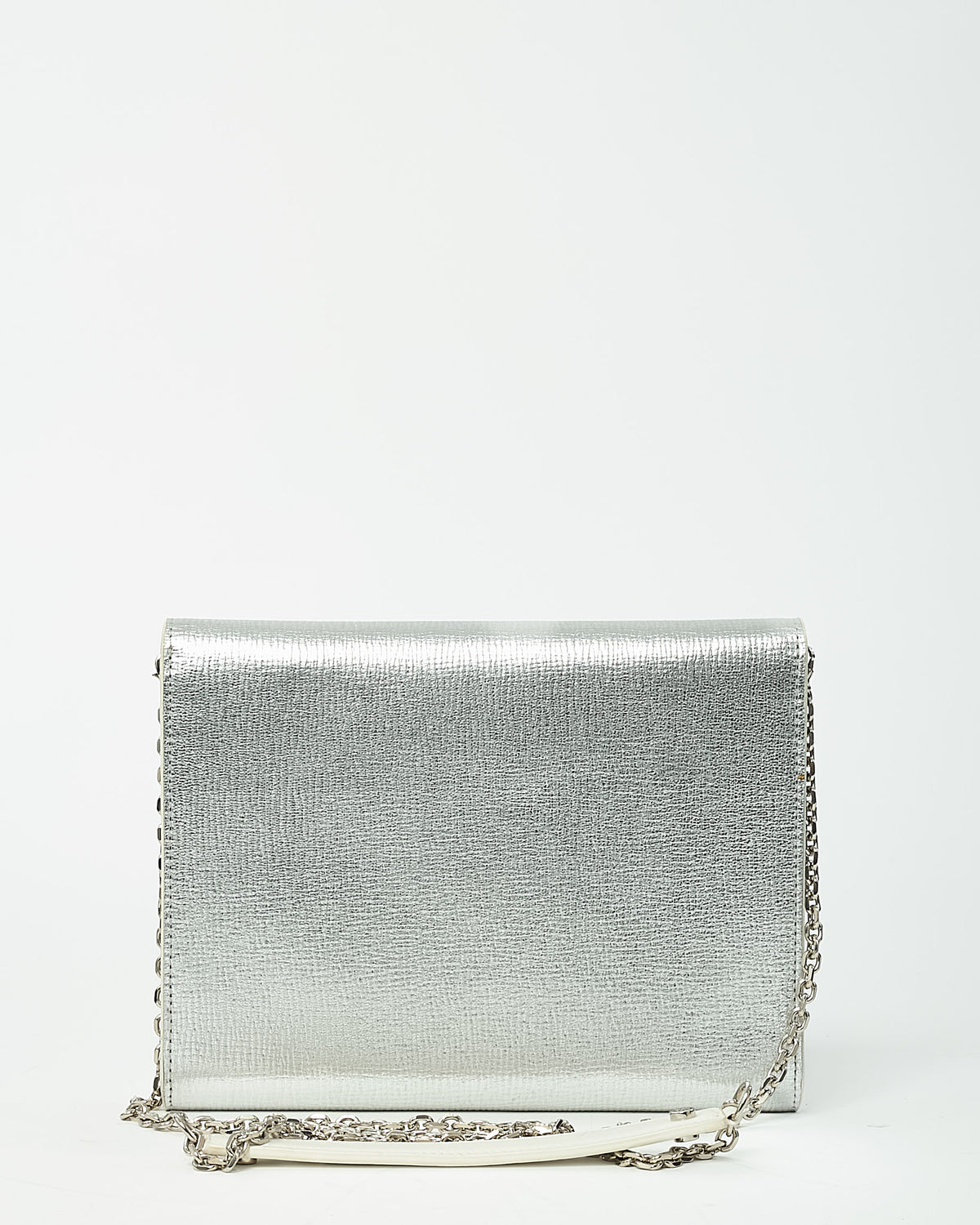 Dior Metallic Silver Leather Diorever Chain Clutch WOC Crossbody Bag
