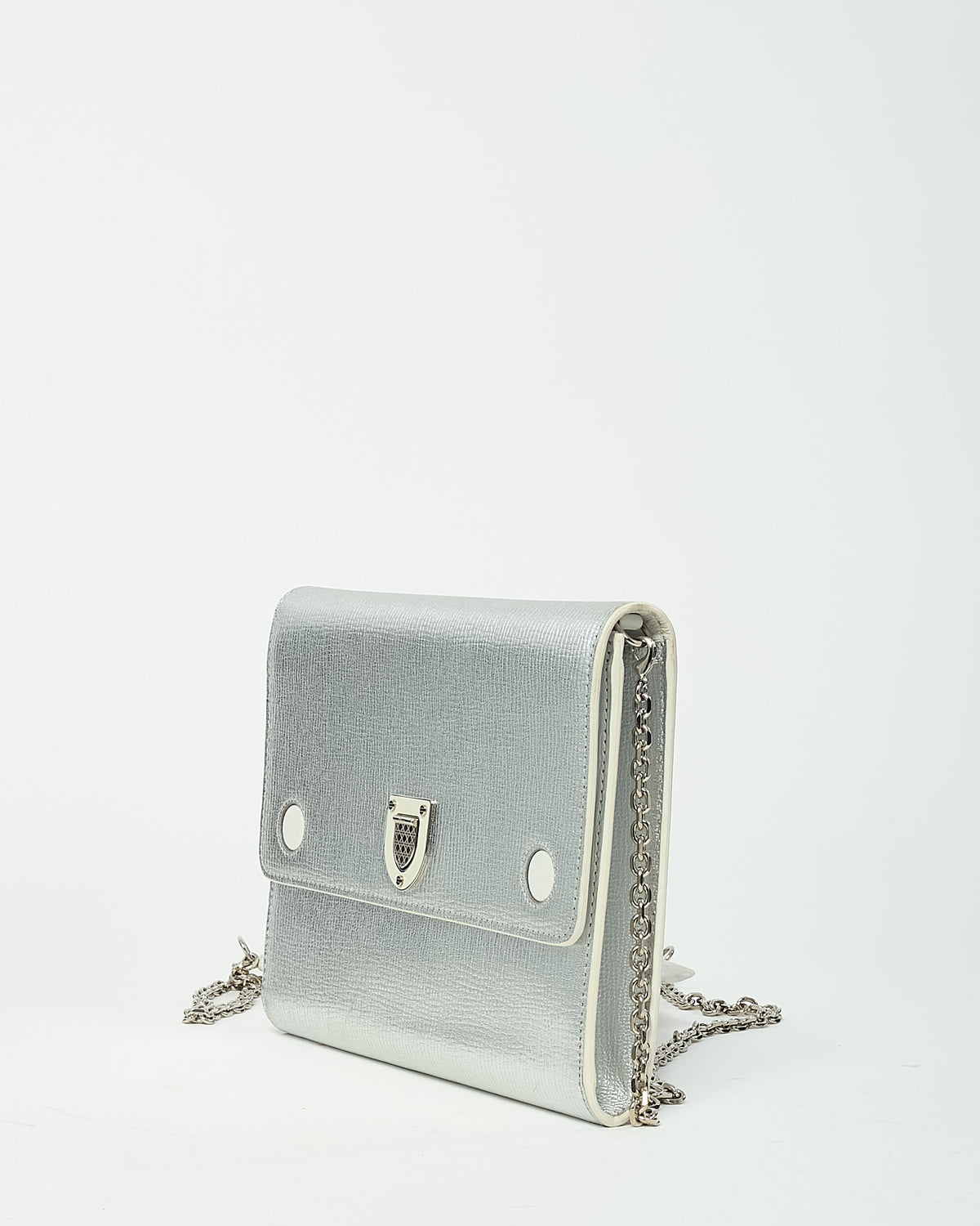 Dior Metallic Silver Leather Diorever Chain Clutch WOC Crossbody Bag