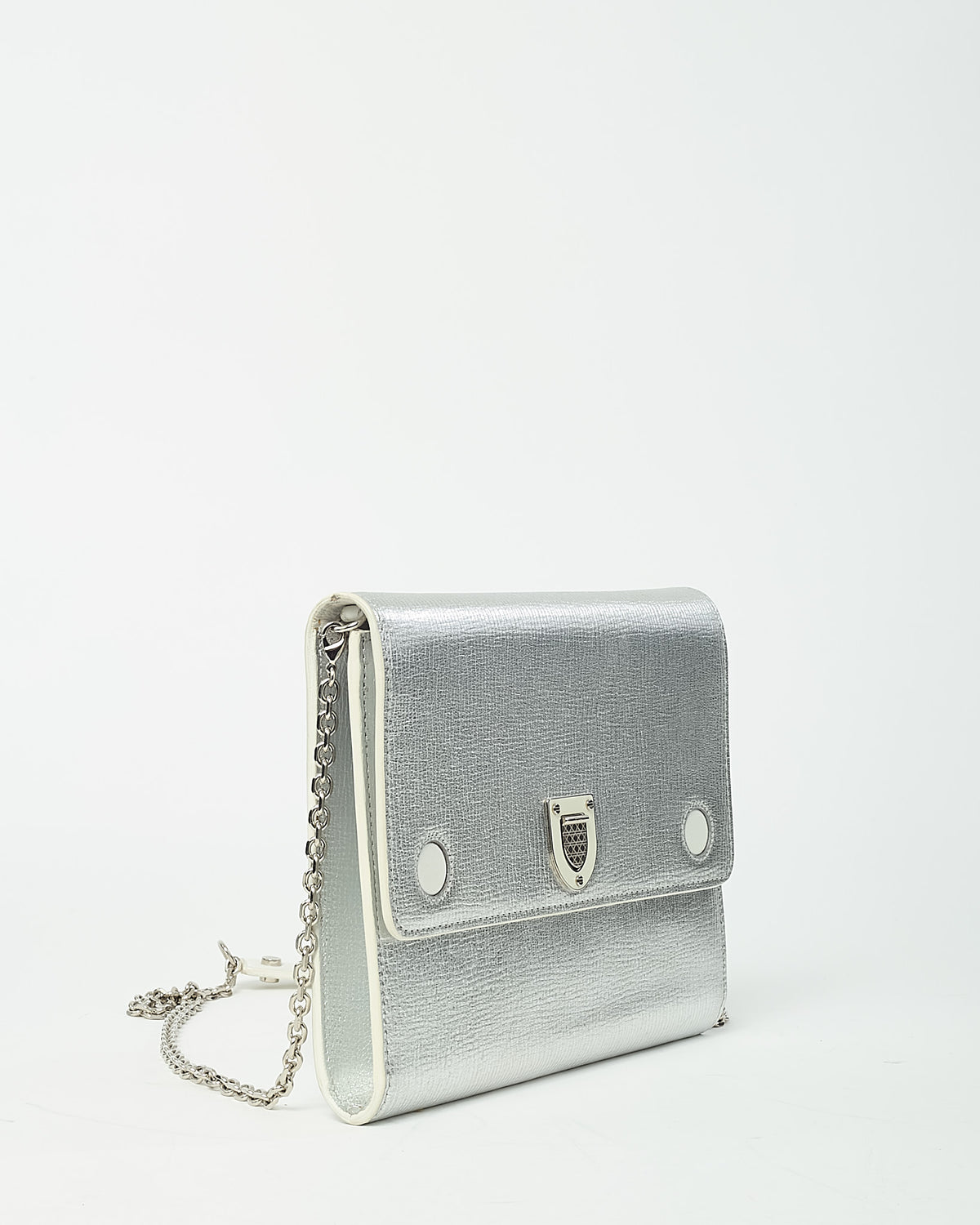 Dior Metallic Silver Leather Diorever Chain Clutch WOC Crossbody Bag