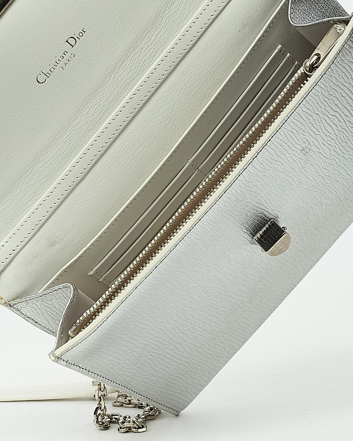 Dior Metallic Silver Leather Diorever Chain Clutch WOC Crossbody Bag