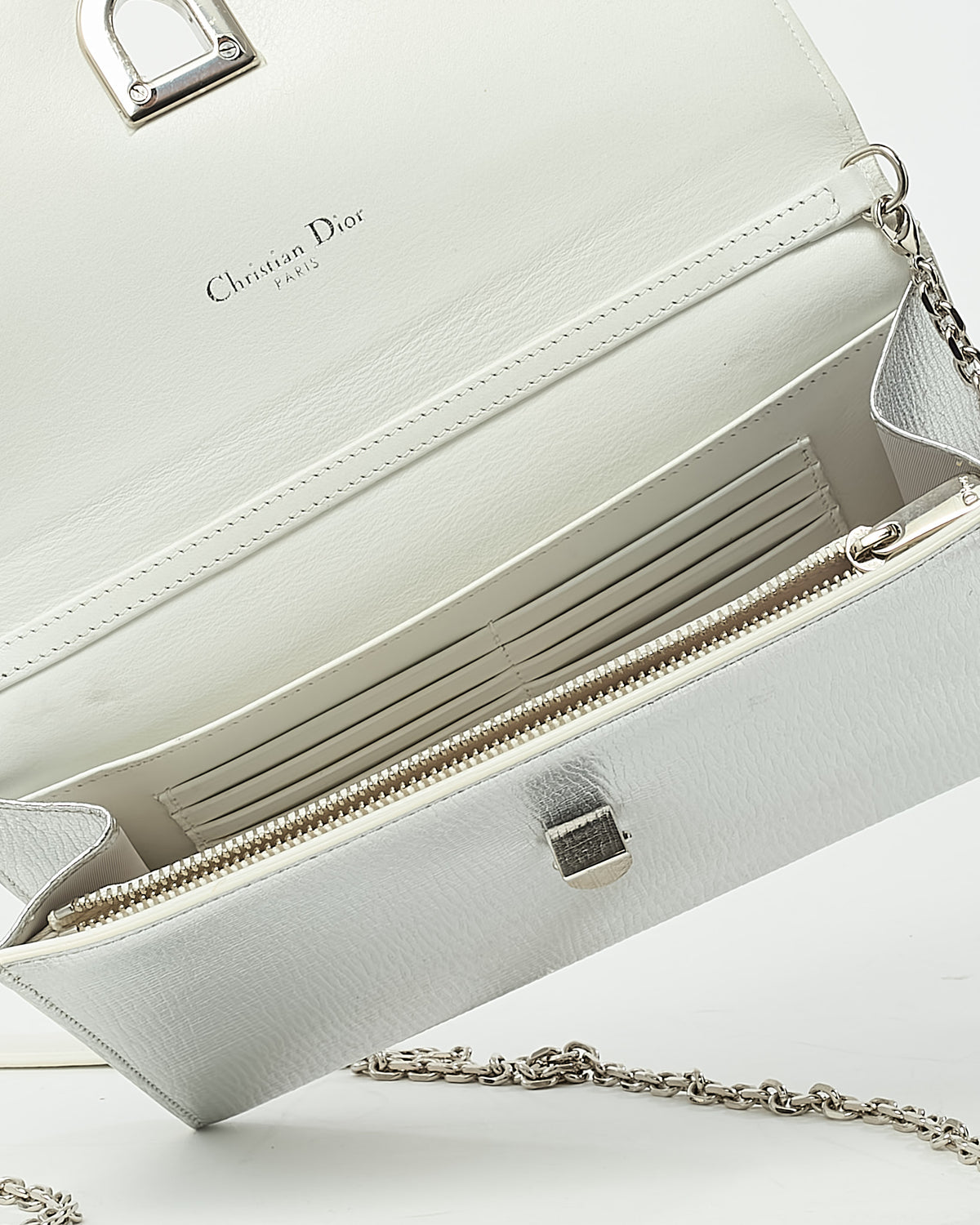 Dior Metallic Silver Leather Diorever Chain Clutch WOC Crossbody Bag