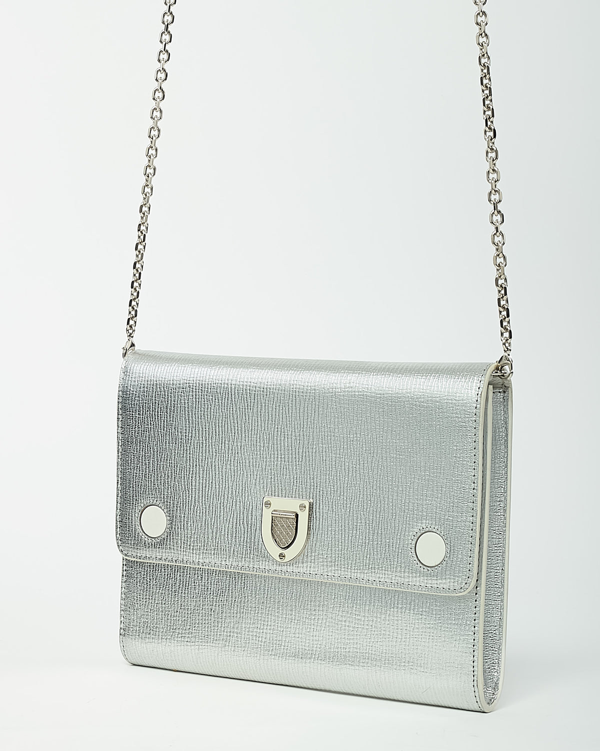 Dior Metallic Silver Leather Diorever Chain Clutch WOC Crossbody Bag