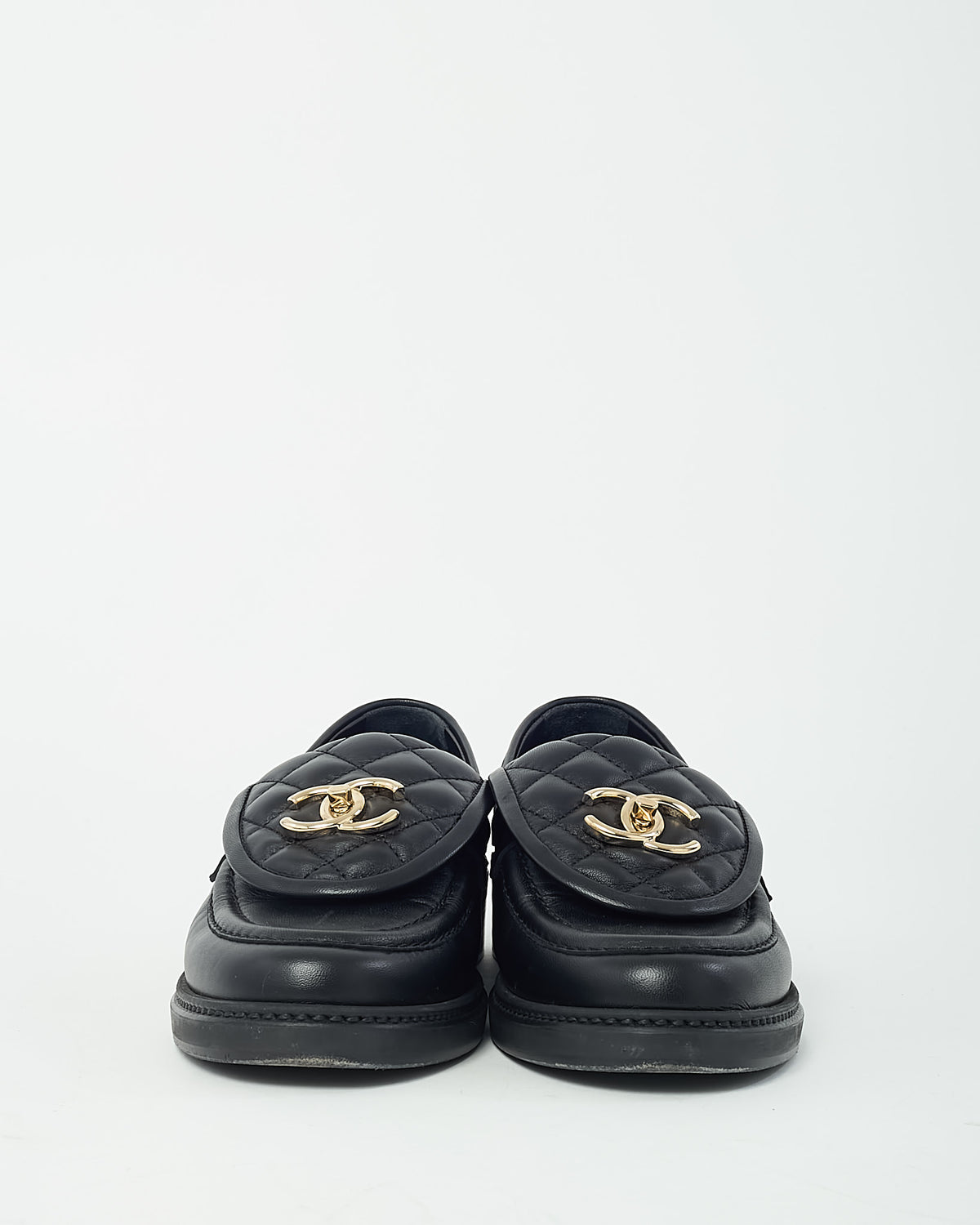 Chanel Black Leather Quilted Turnlock CC Logo Loafers - 35.5