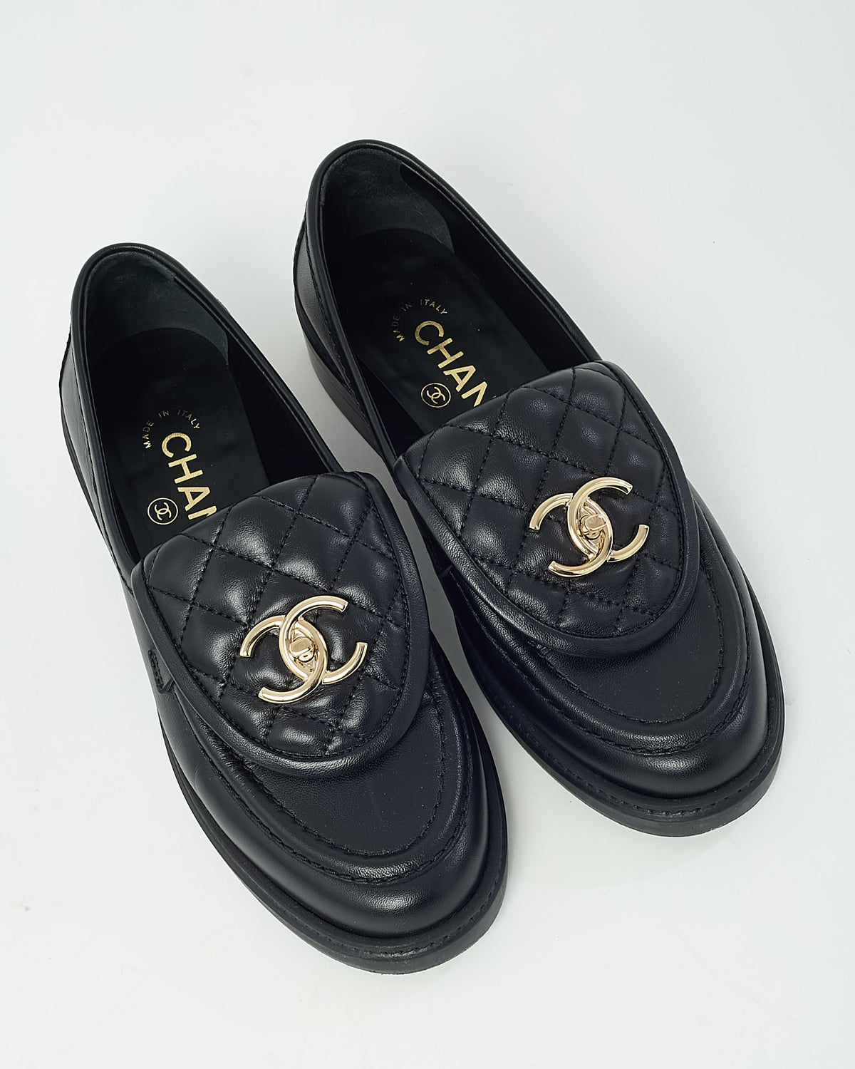 Chanel Black Leather Quilted Turnlock CC Logo Loafers - 35.5