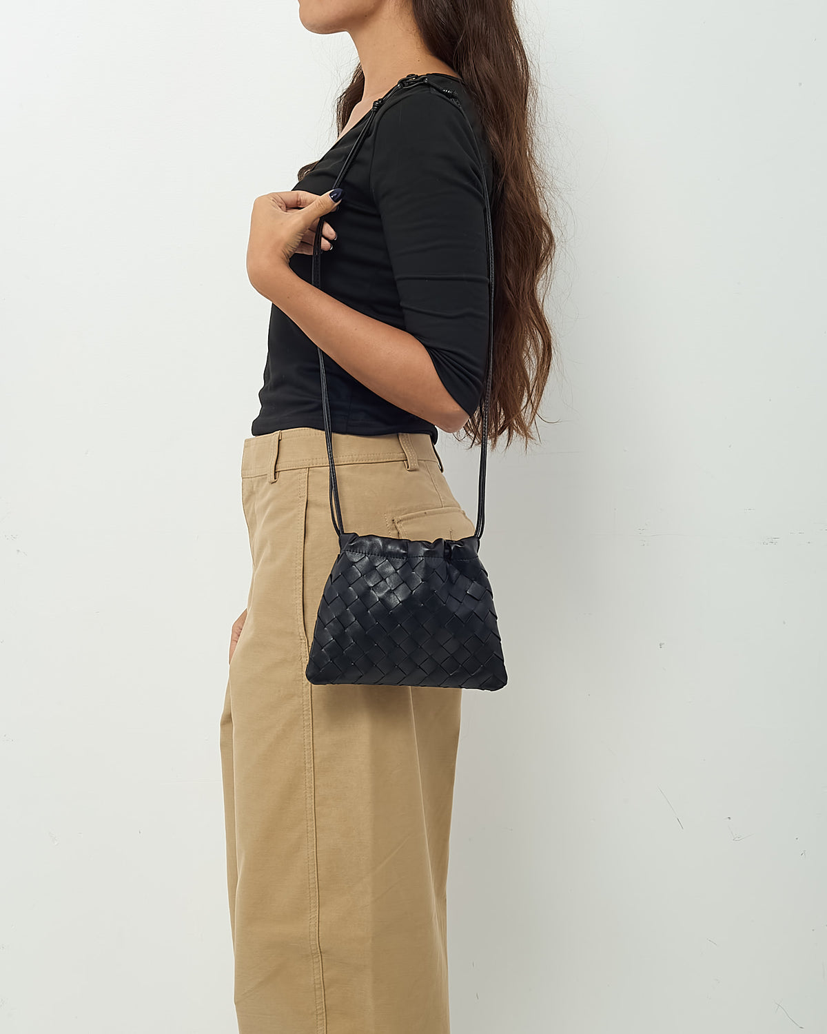 Bottega Veneta Black Intrecciato Calf Leather Small Dust Bag Crossbody Bag