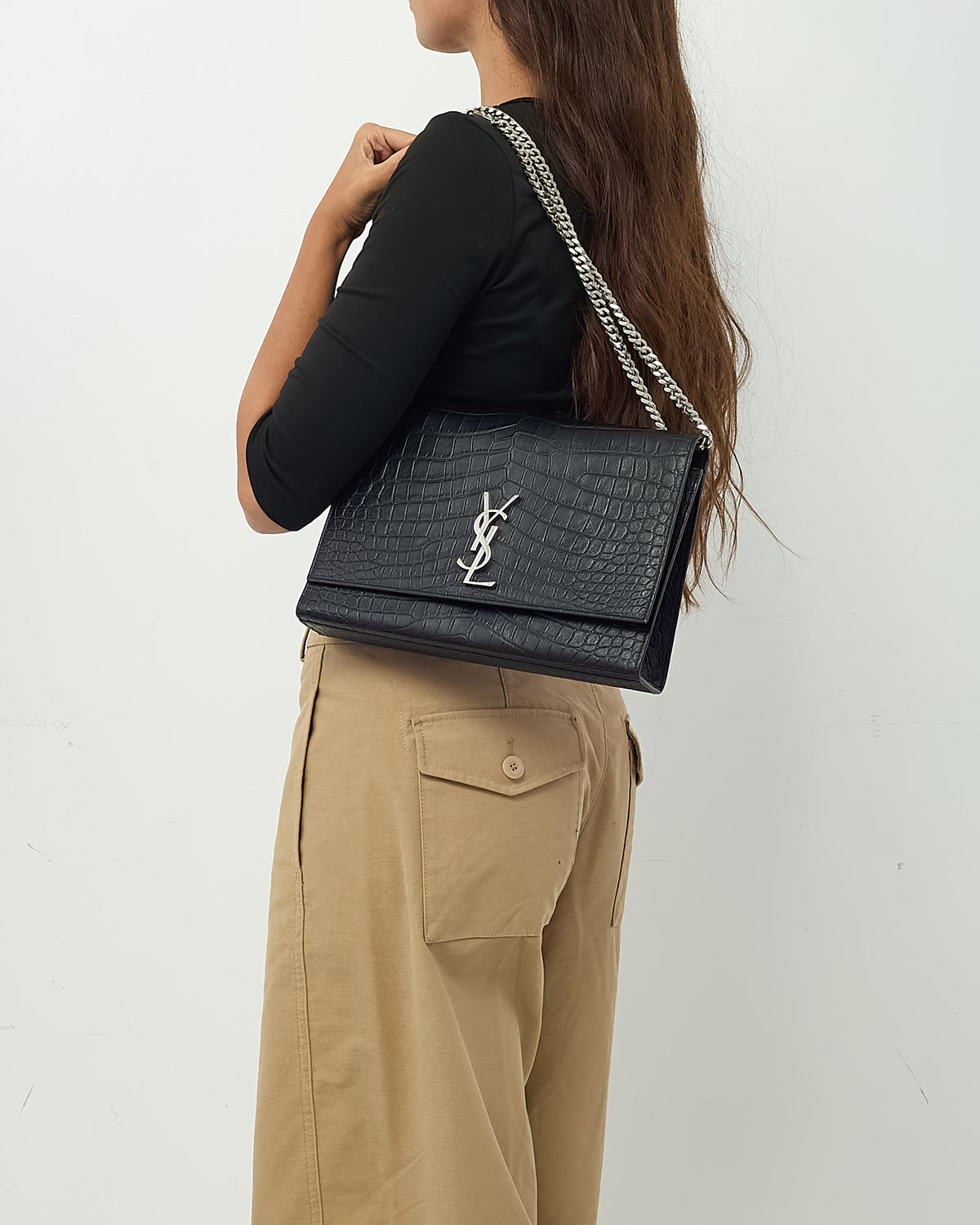 Saint Laurent Black Croc Embossed Leather SHW YSL Large Kate Chain Shoulder Bag