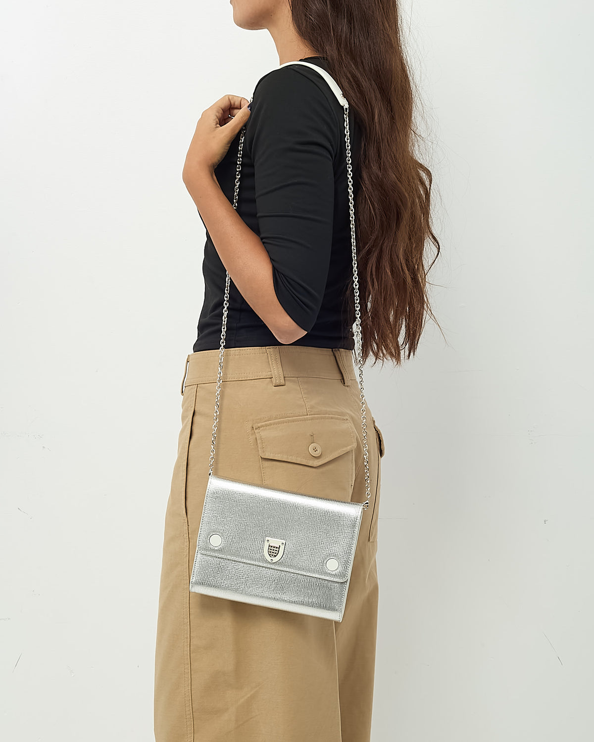 Dior Metallic Silver Leather Diorever Chain Clutch WOC Crossbody Bag