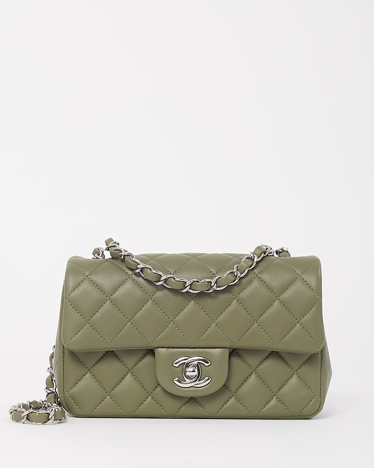 Chanel Green Lambskin Quilted Leather Rectangular Mini Flap Bag SHW