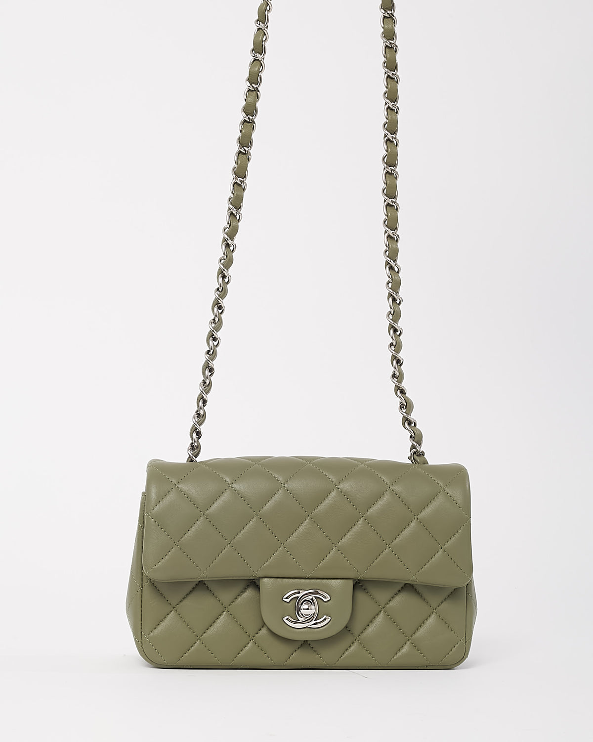 Chanel Green Lambskin Quilted Leather Rectangular Mini Flap Bag SHW