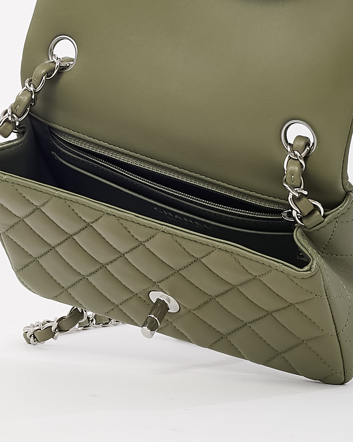 Chanel Green Lambskin Quilted Leather Rectangular Mini Flap Bag SHW