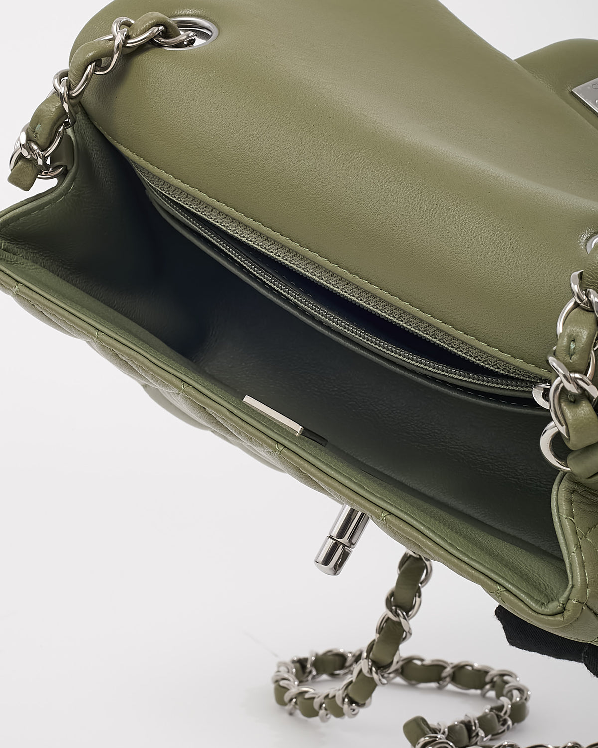 Chanel Green Lambskin Quilted Leather Rectangular Mini Flap Bag SHW