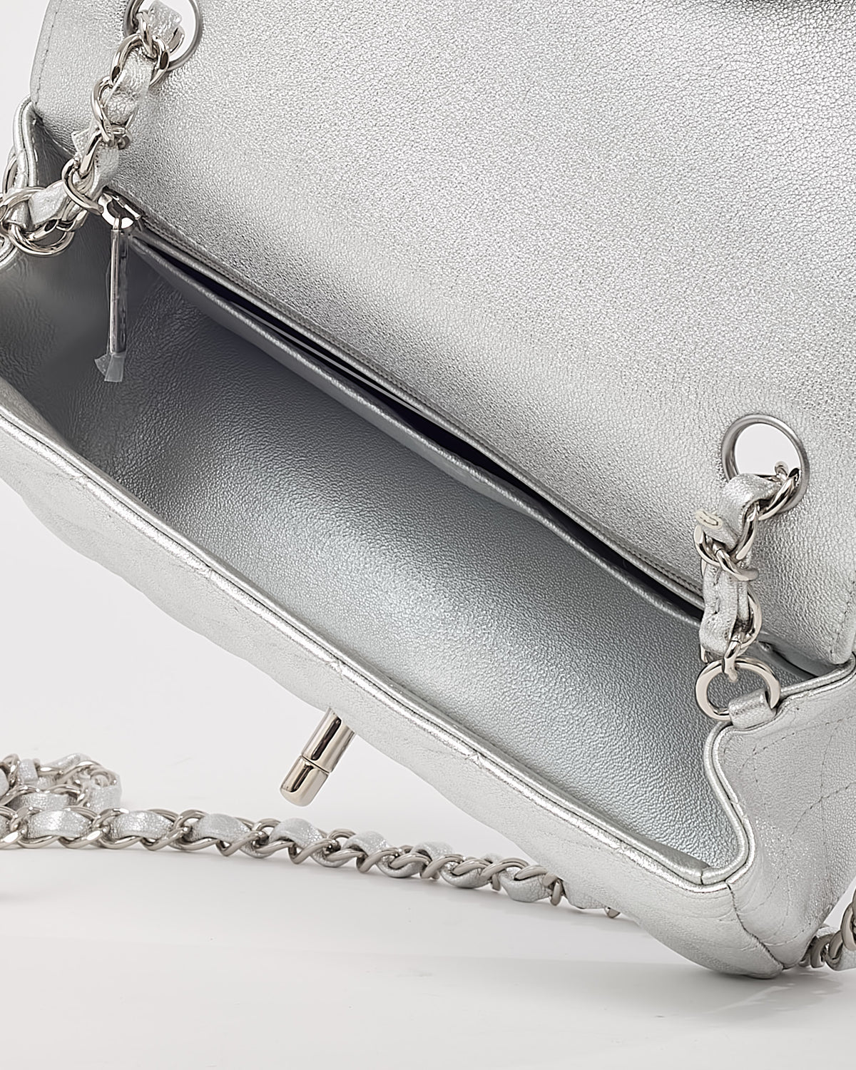 Chanel Silver Lambskin Quilted Leather Rectangular Mini Flap Bag SHW
