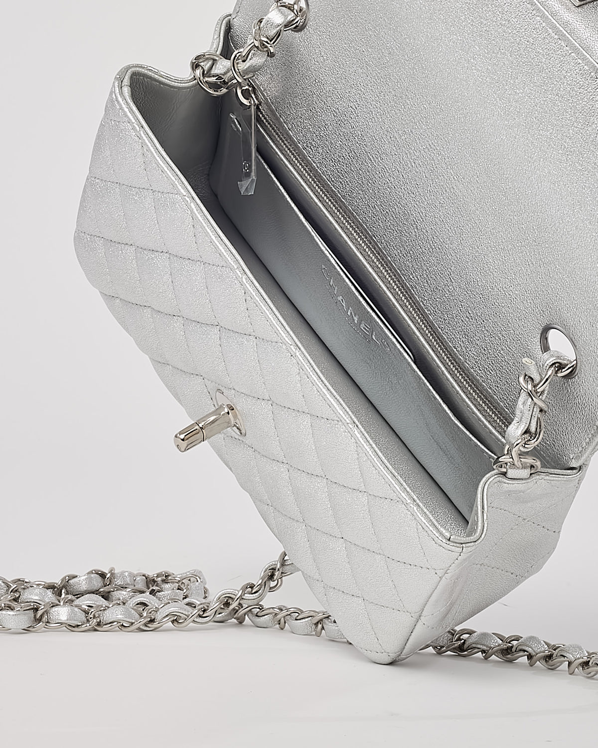 Chanel Silver Lambskin Quilted Leather Rectangular Mini Flap Bag SHW