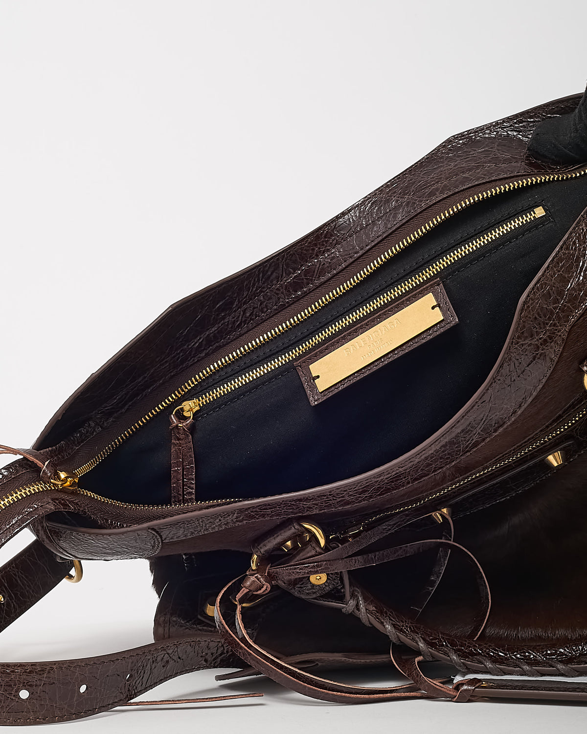 Balenciaga Brown Pony Fur and Calfskin Arena Leather Medium Le City Bag
