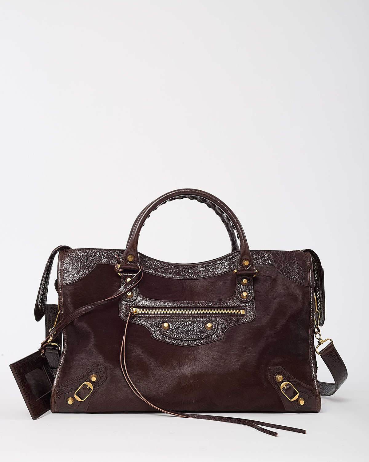 Balenciaga Brown Pony Fur and Calfskin Arena Leather Medium Le City Bag