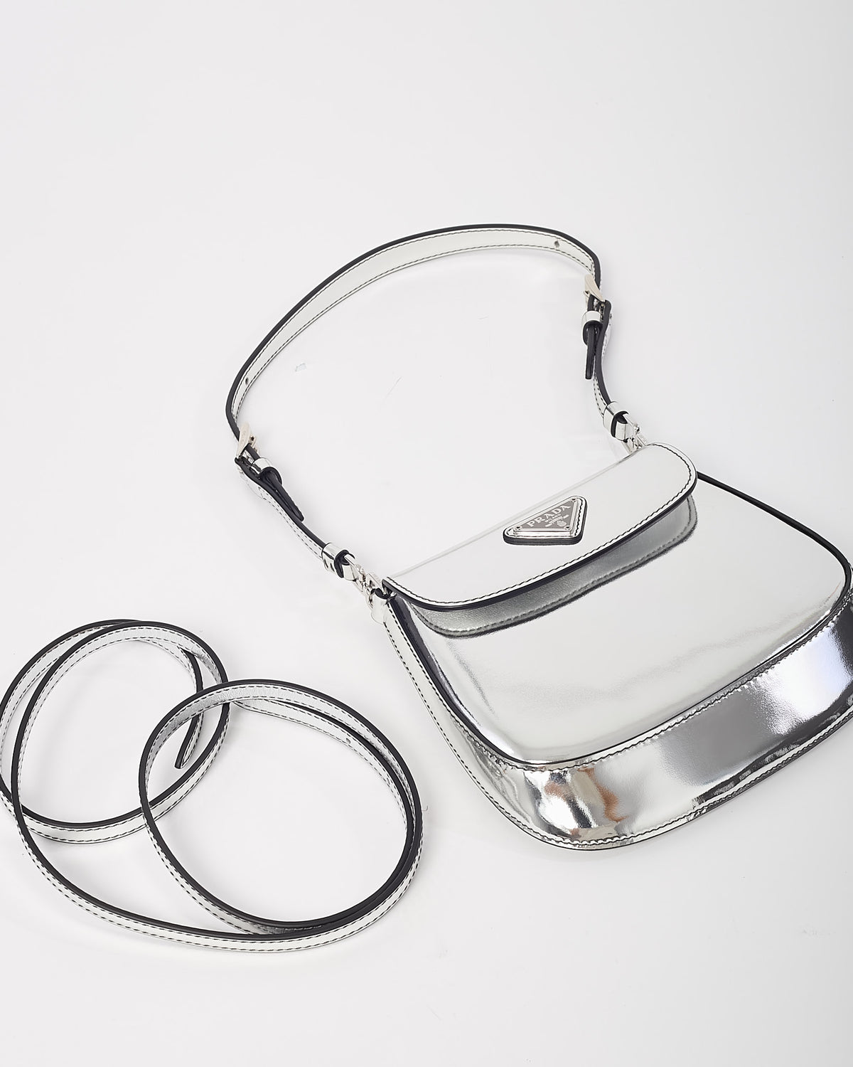 Prada Metallic Silver Brushed Leather Mini Cleo Bag