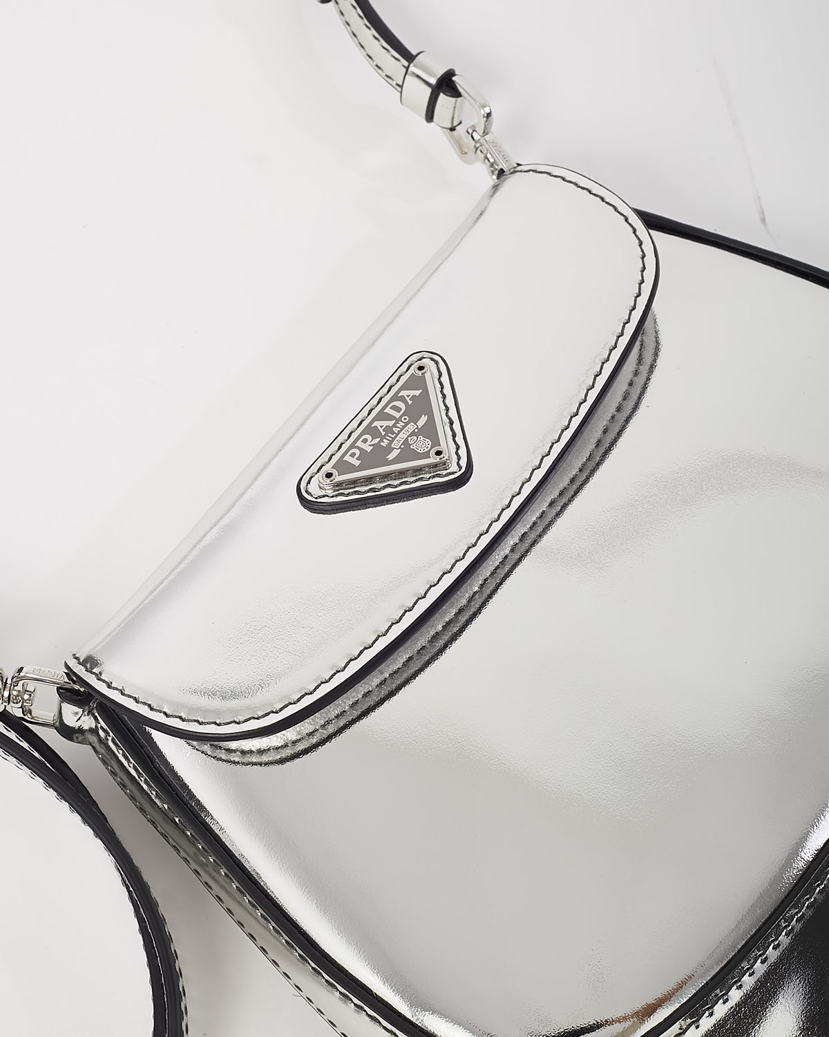 Prada Metallic Silver Brushed Leather Mini Cleo Bag