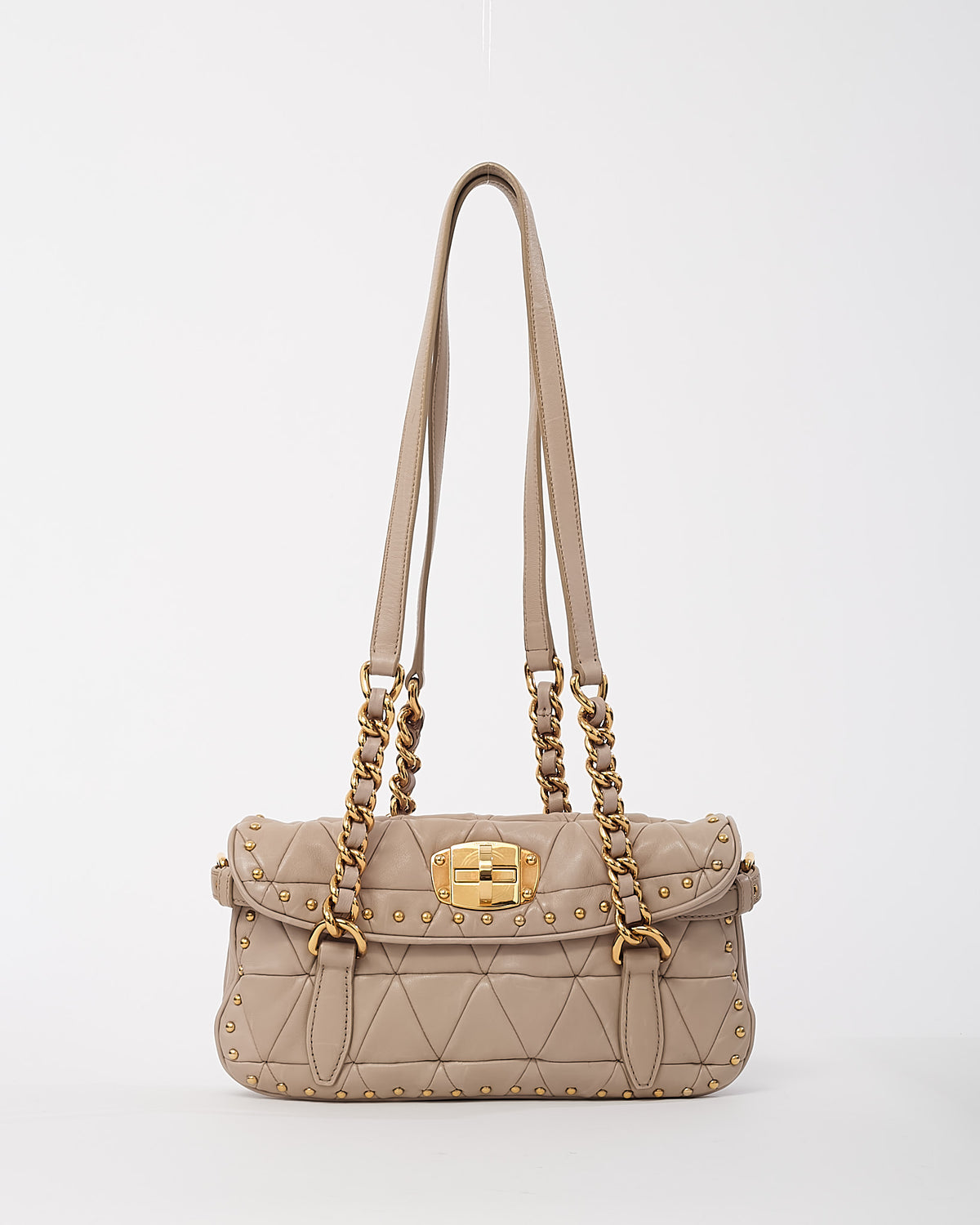 Miu Miu Beige Nappa Leather Quilted Studded Shoulder Bag