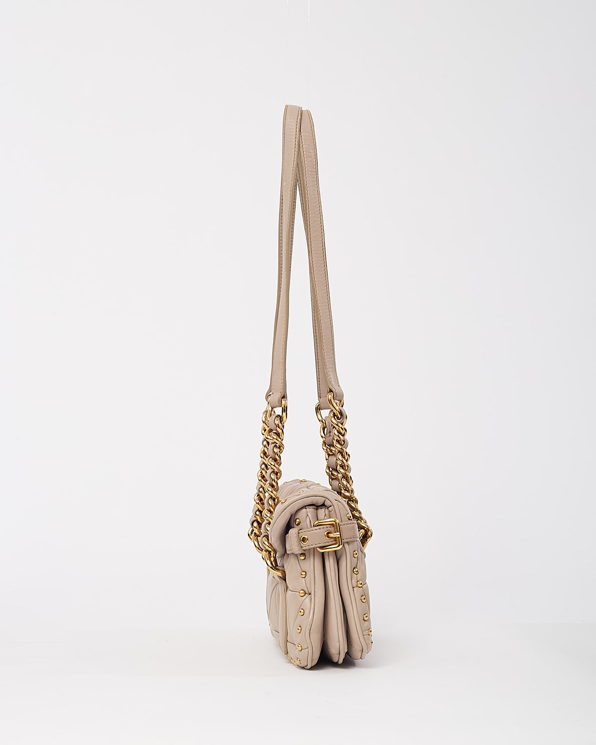 Miu Miu Beige Nappa Leather Quilted Studded Shoulder Bag