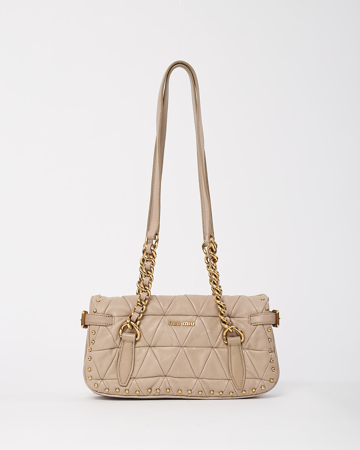 Miu Miu Beige Nappa Leather Quilted Studded Shoulder Bag