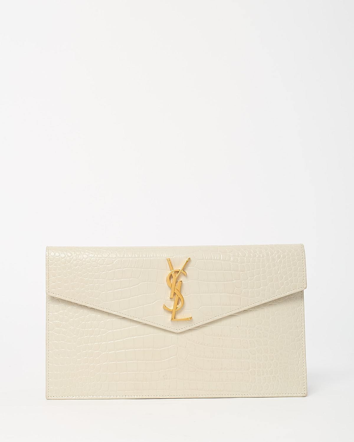 Saint Laurent Off-White Shiny Croc Embossed Leather GHW YSL Uptown Pouch Clutch