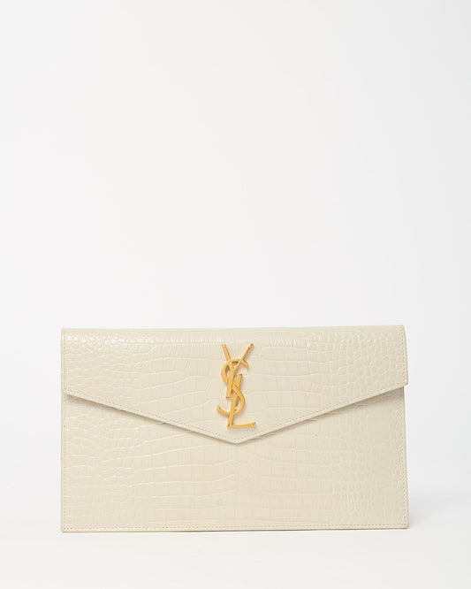 Saint Laurent Off-White Shiny Croc Embossed Leather GHW YSL Uptown Pouch Clutch