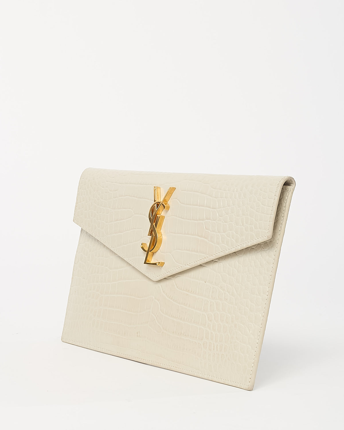 Saint Laurent Off-White Shiny Croc Embossed Leather GHW YSL Uptown Pouch Clutch
