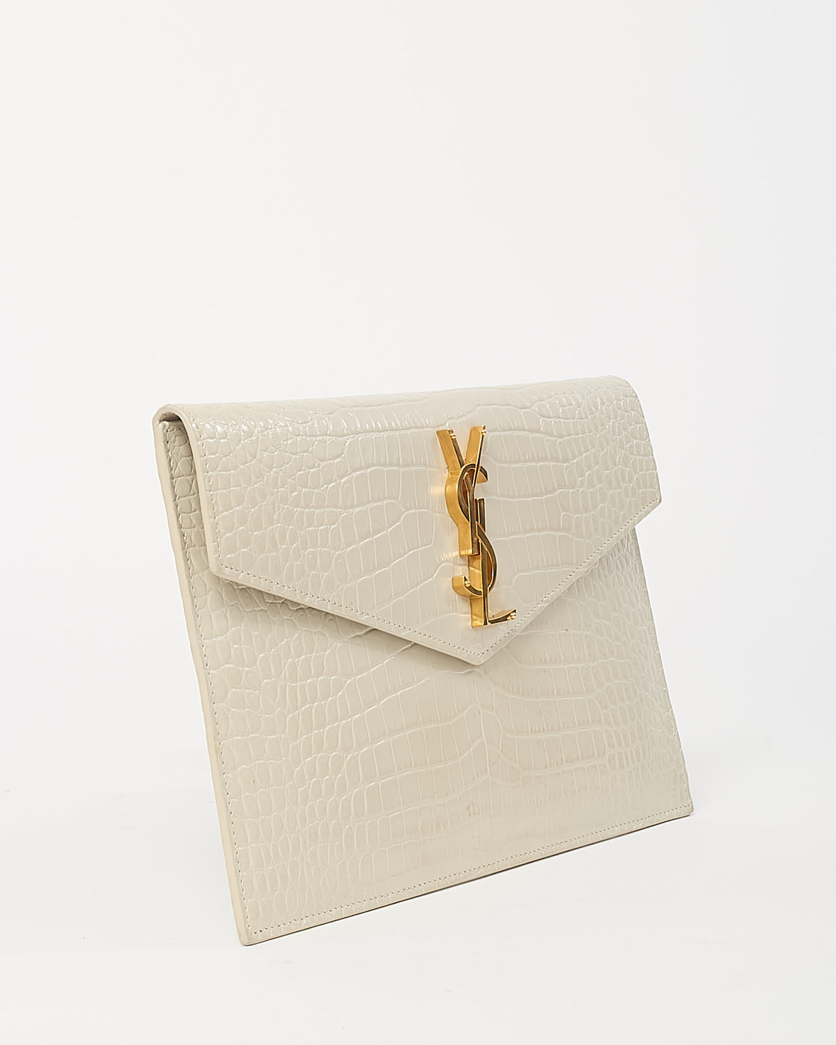 Saint Laurent Off-White Shiny Croc Embossed Leather GHW YSL Uptown Pouch Clutch