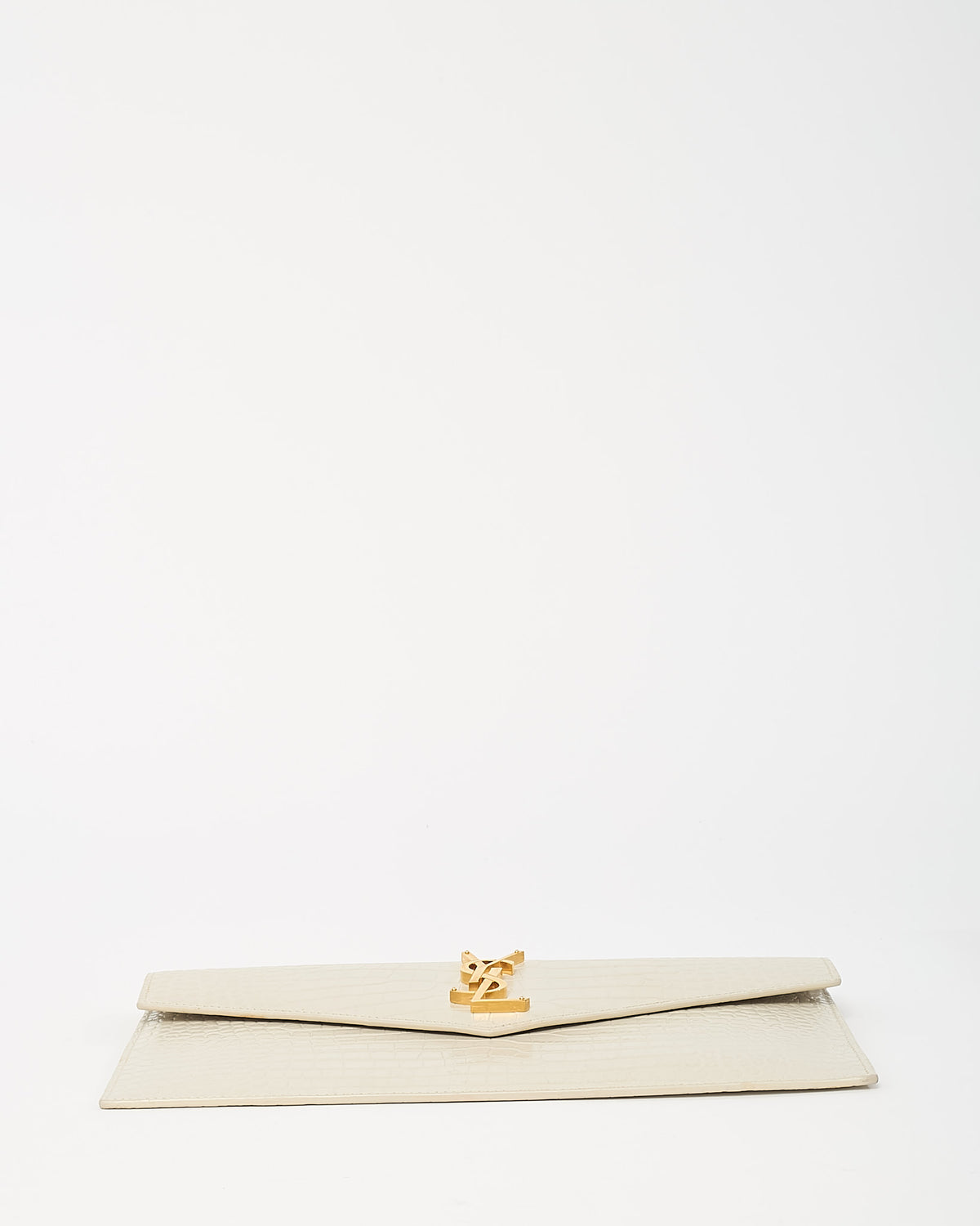 Saint Laurent Off-White Shiny Croc Embossed Leather GHW YSL Uptown Pouch Clutch