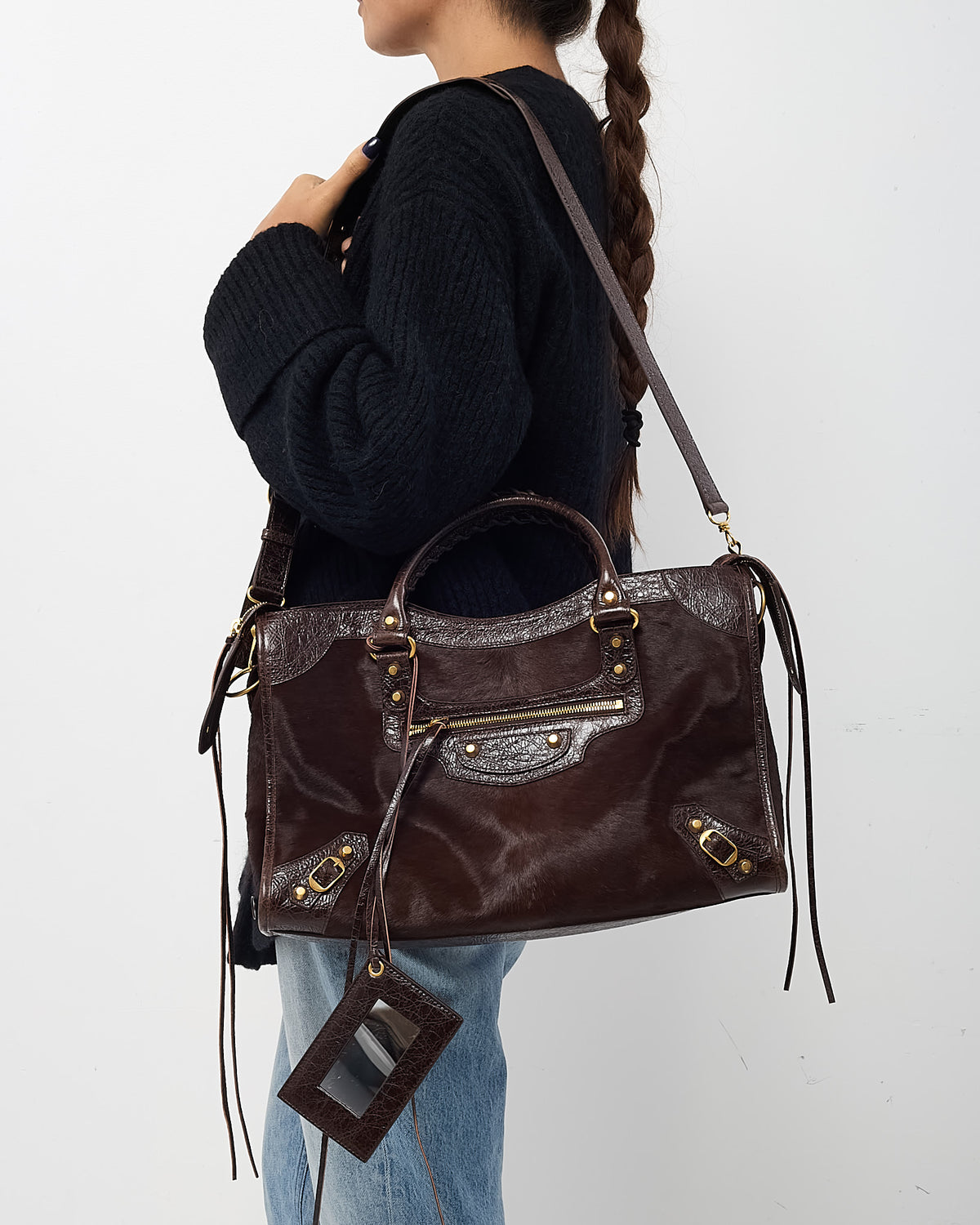 Balenciaga Brown Pony Fur and Calfskin Arena Leather Medium Le City Bag