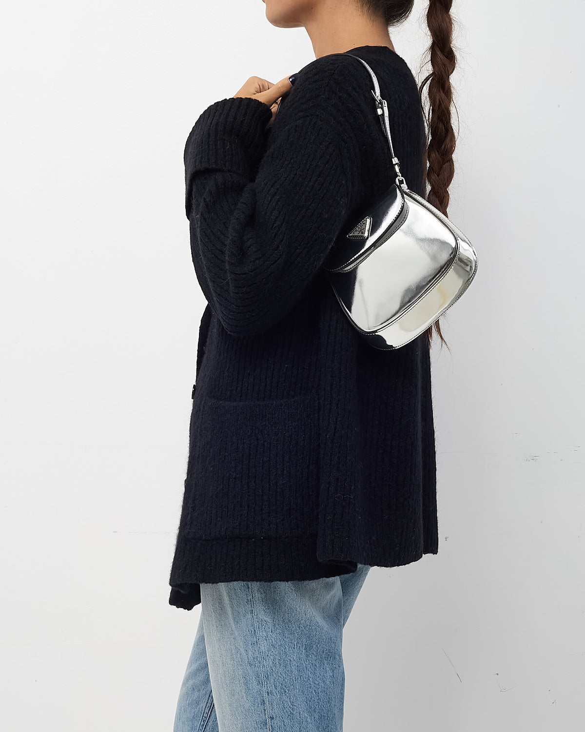 Prada Metallic Silver Brushed Leather Mini Cleo Bag