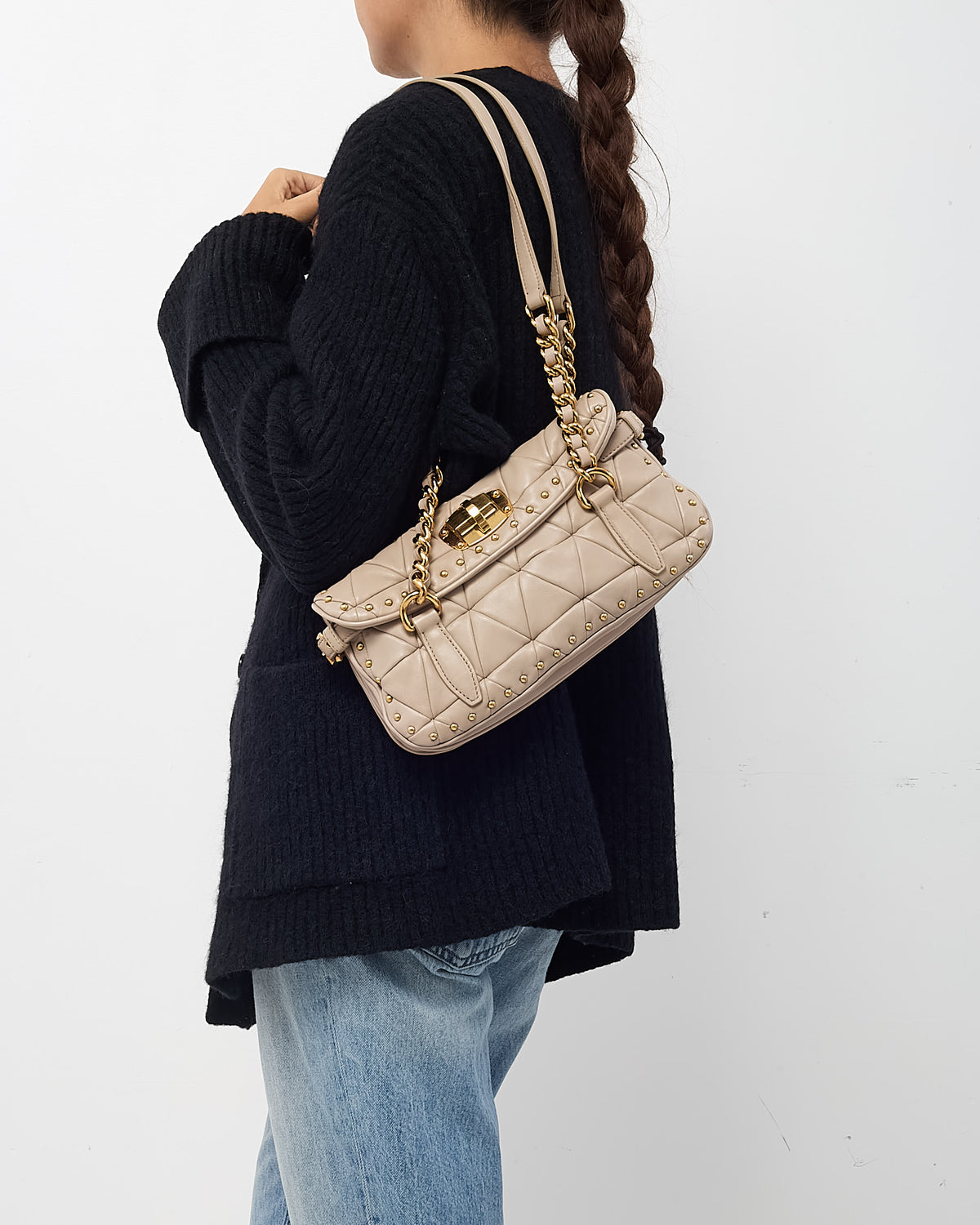 Miu Miu Beige Nappa Leather Quilted Studded Shoulder Bag