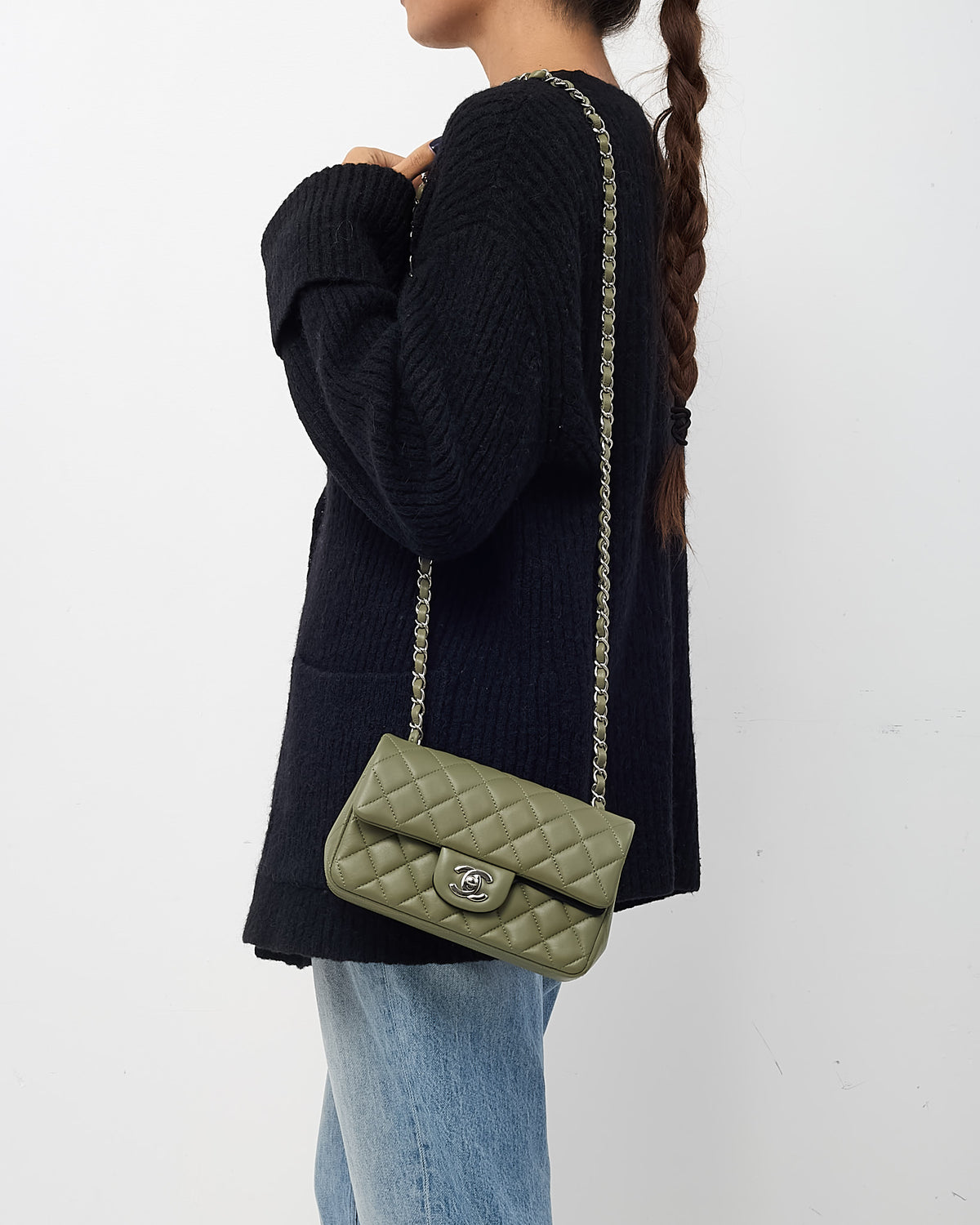 Chanel Green Lambskin Quilted Leather Rectangular Mini Flap Bag SHW