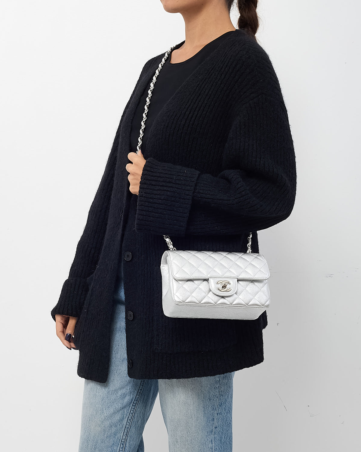 Chanel Silver Lambskin Quilted Leather Rectangular Mini Flap Bag SHW