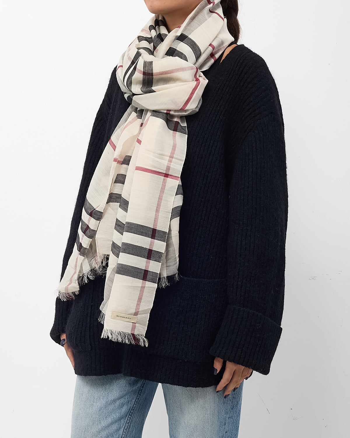 Burberry Light Beige Giant Check Wool-Silk Gauze Lightweight Scarf